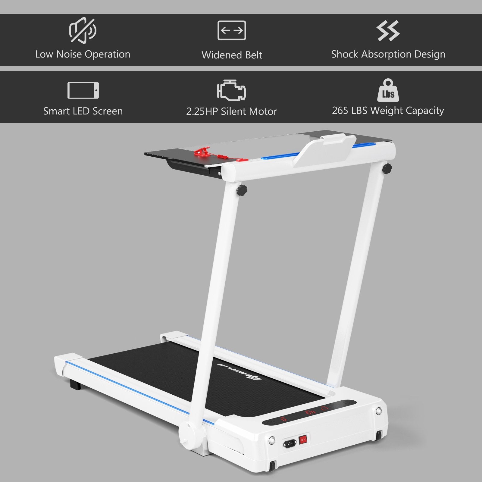 2.25HP 3-in-1 Folding Treadmill with Table Speaker Remote Control, White Treadmills   at Gallery Canada