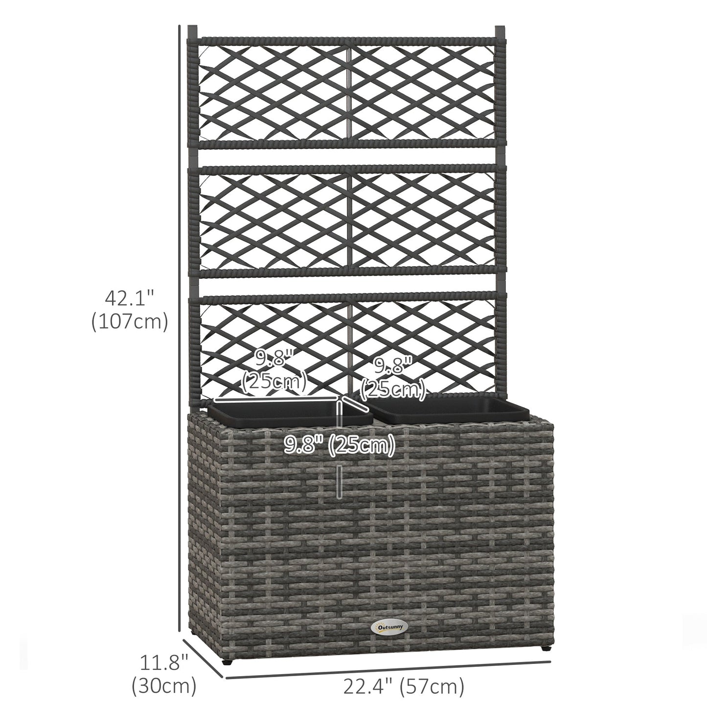 PE Rattan Raised Garden Box with Trellis, 22L, Two Plant Boxes, Mixed Grey Elevated Garden Beds   at Gallery Canada