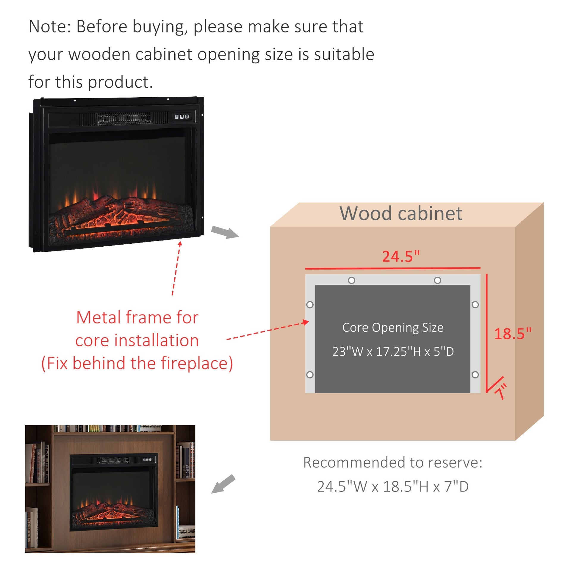 23" Electric Fireplace Insert for Wooden Cabinet, Recessed Fireplace Heater with Realistic Log Flames, Adjustable Brightness, 1400W, Black Electric Fireplaces   at Gallery Canada