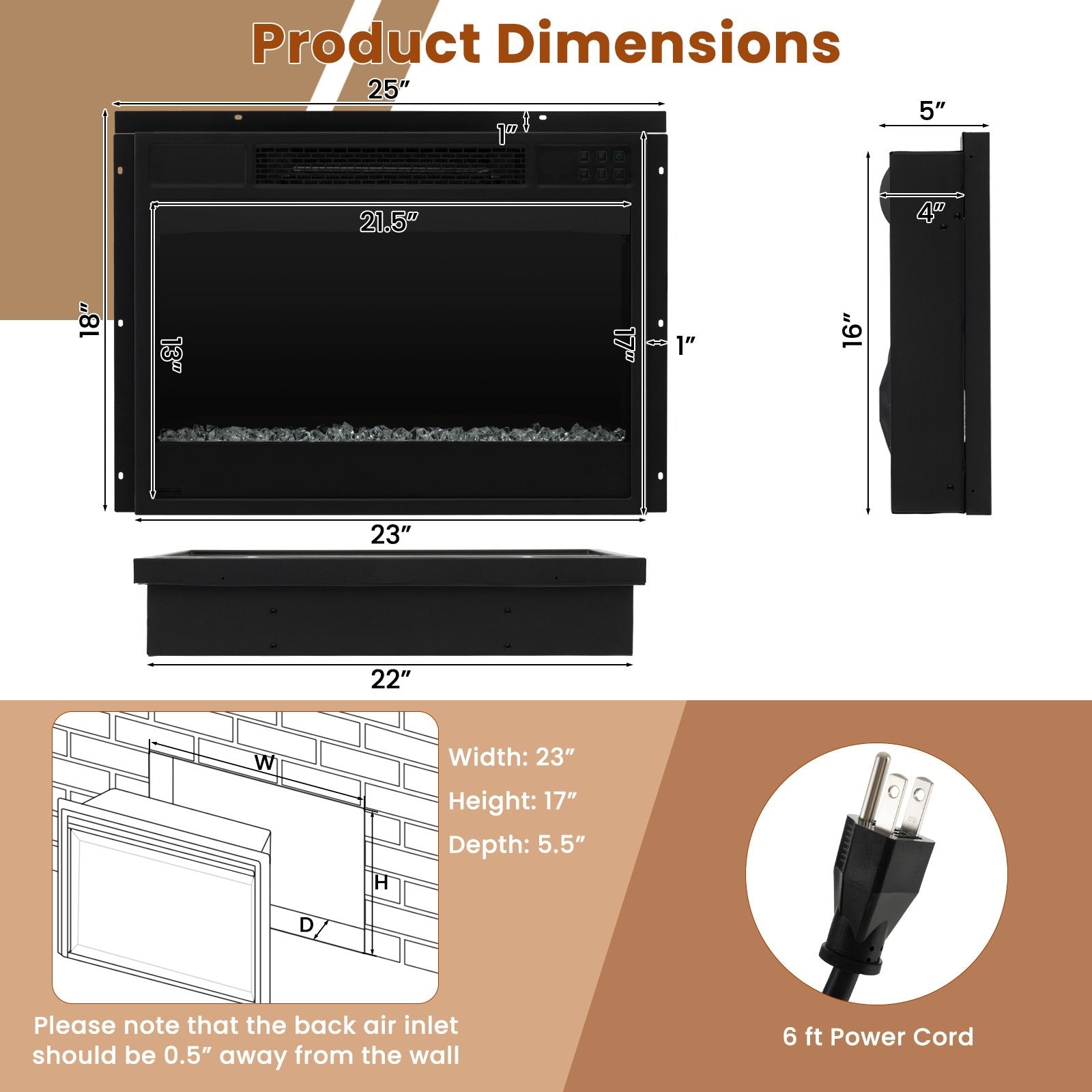 23 Inch 1500W Recessed Electric Fireplace Insert with Remote Control, Black Fireplaces   at Gallery Canada