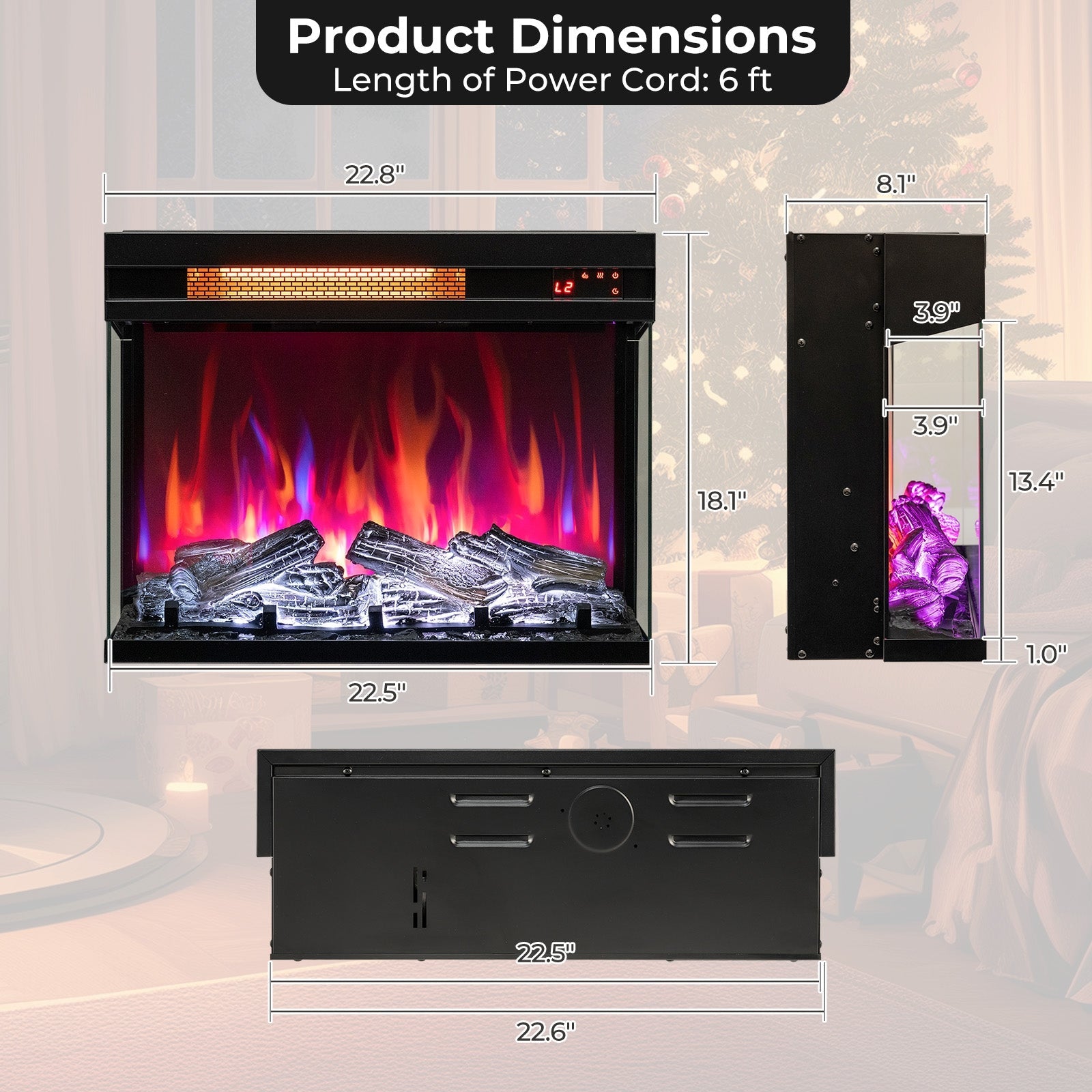 23 Inch 3-Sided Electric Fireplace 1500W Recessed Fireplace Insert, Black Fireplaces   at Gallery Canada