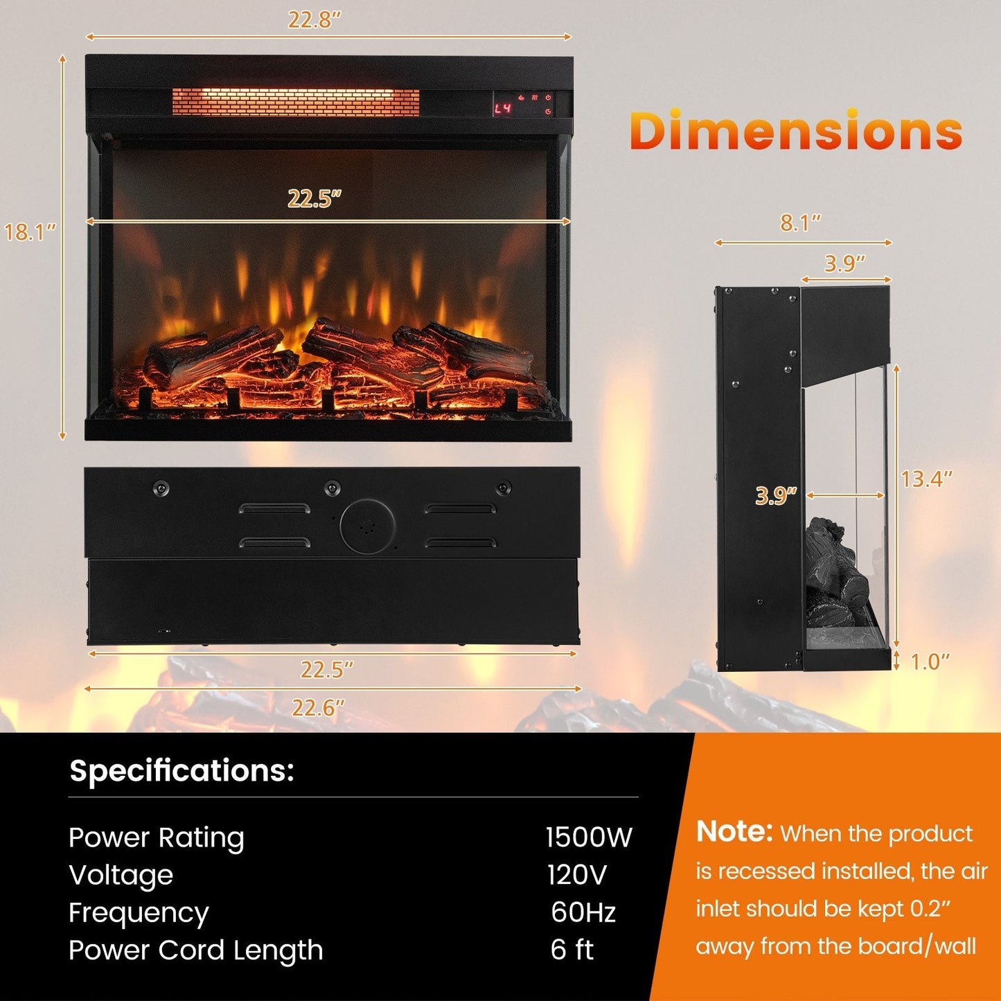 23-inch 3-Sided Electric Fireplace Insert with Remote Control, Black Fireplaces   at Gallery Canada