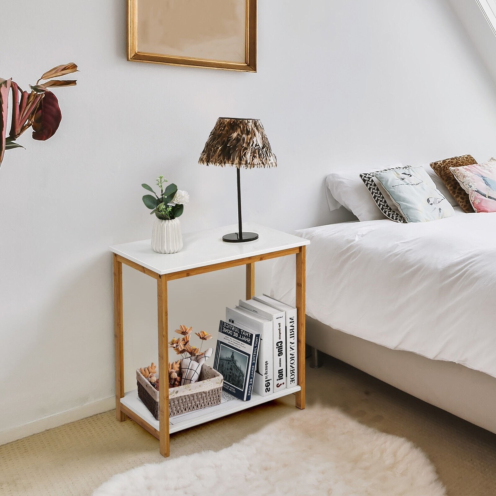 23 Inch Height 2-tier End Table with Bamboo Frame and Bottom Shelf, White End & Side Tables   at Gallery Canada