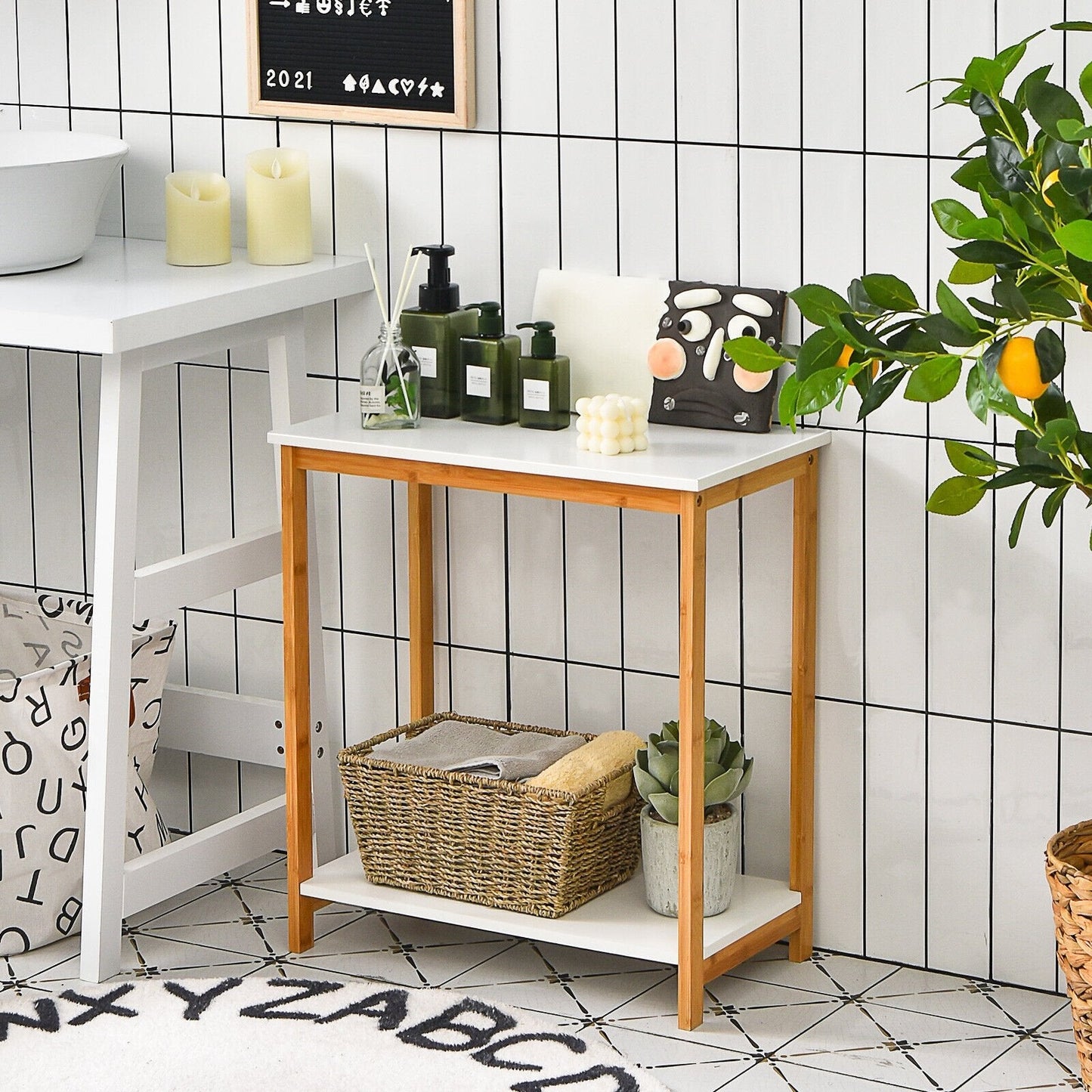 23 Inch Height 2-tier End Table with Bamboo Frame and Bottom Shelf, White End & Side Tables   at Gallery Canada