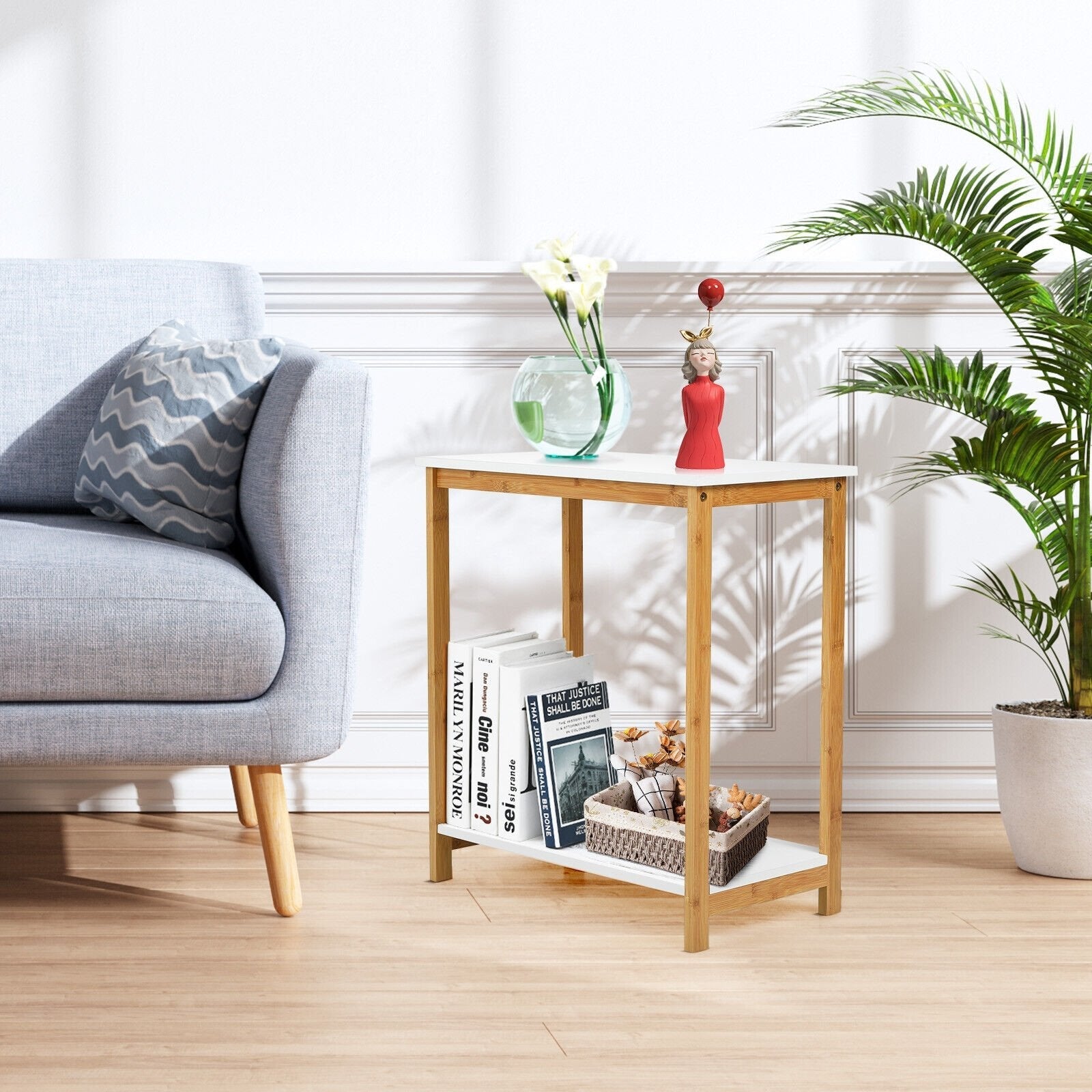 23 Inch Height 2-tier End Table with Bamboo Frame and Bottom Shelf, White End & Side Tables   at Gallery Canada