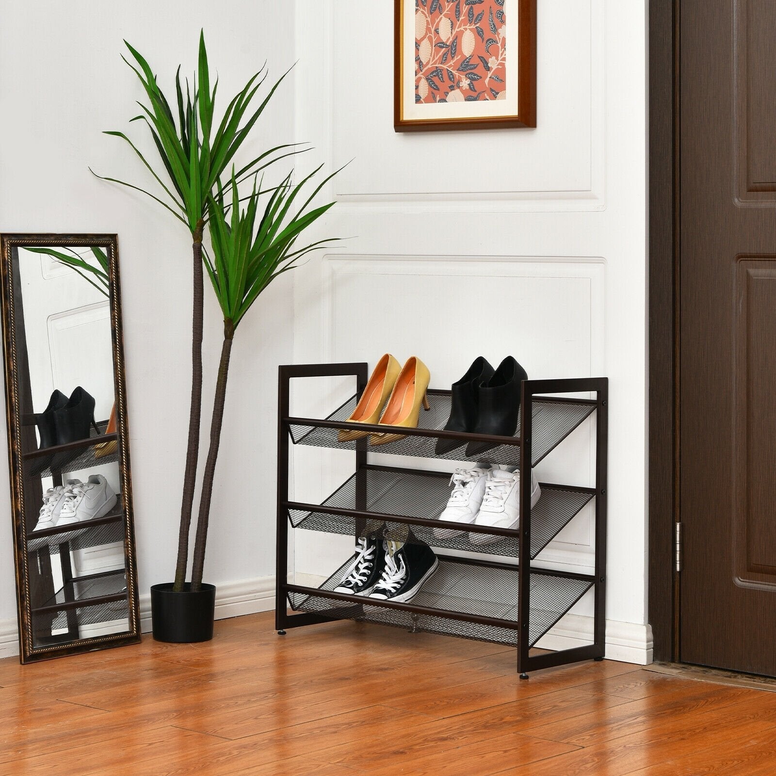 2/3/4 Tiers Flat and Slant Metal Shoe Rack for Entryway Hallway-3-Tier, Brown Shoe Racks & Storage Benches   at Gallery Canada