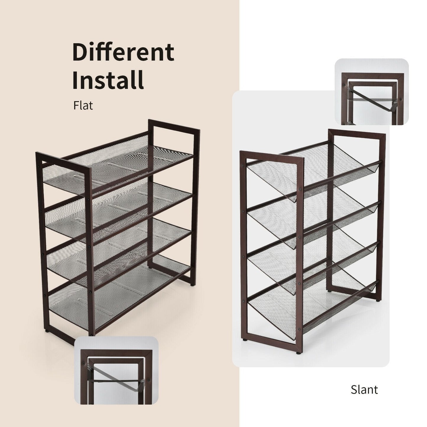 2/3/4 Tiers Flat and Slant Metal Shoe Rack for Entryway Hallway-4-Tier, Brown Shoe Racks & Storage Benches   at Gallery Canada