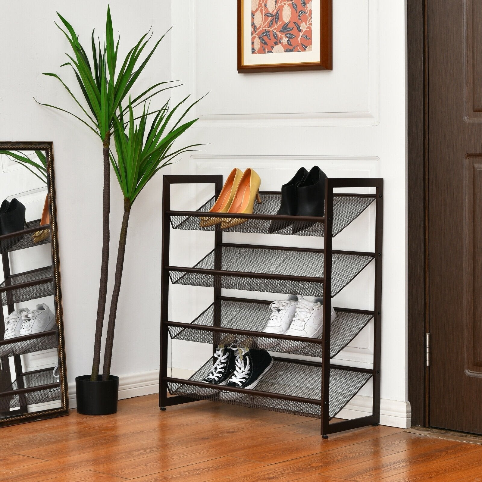 2/3/4 Tiers Flat and Slant Metal Shoe Rack for Entryway Hallway-4-Tier, Brown Shoe Racks & Storage Benches   at Gallery Canada