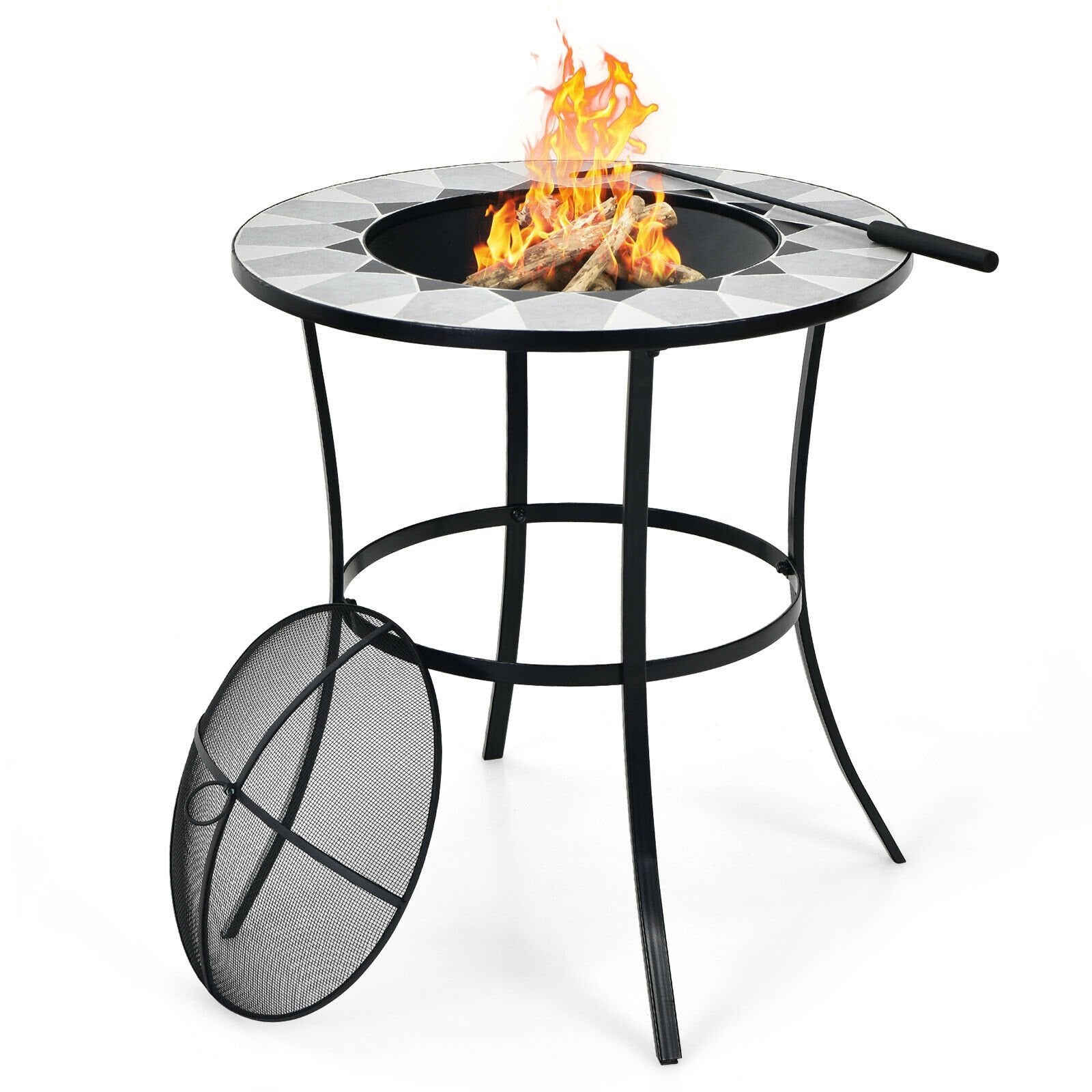 23.5 Inches Round Fire Pit Table with Mesh Cover and Fire Poker, Black Fire Pit Tables   at Gallery Canada