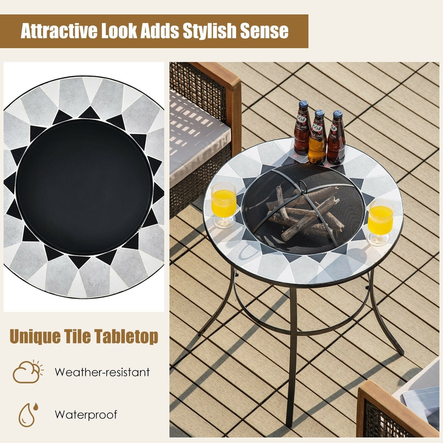 23.5 Inches Round Fire Pit Table with Mesh Cover and Fire Poker, Black Fire Pit Tables   at Gallery Canada