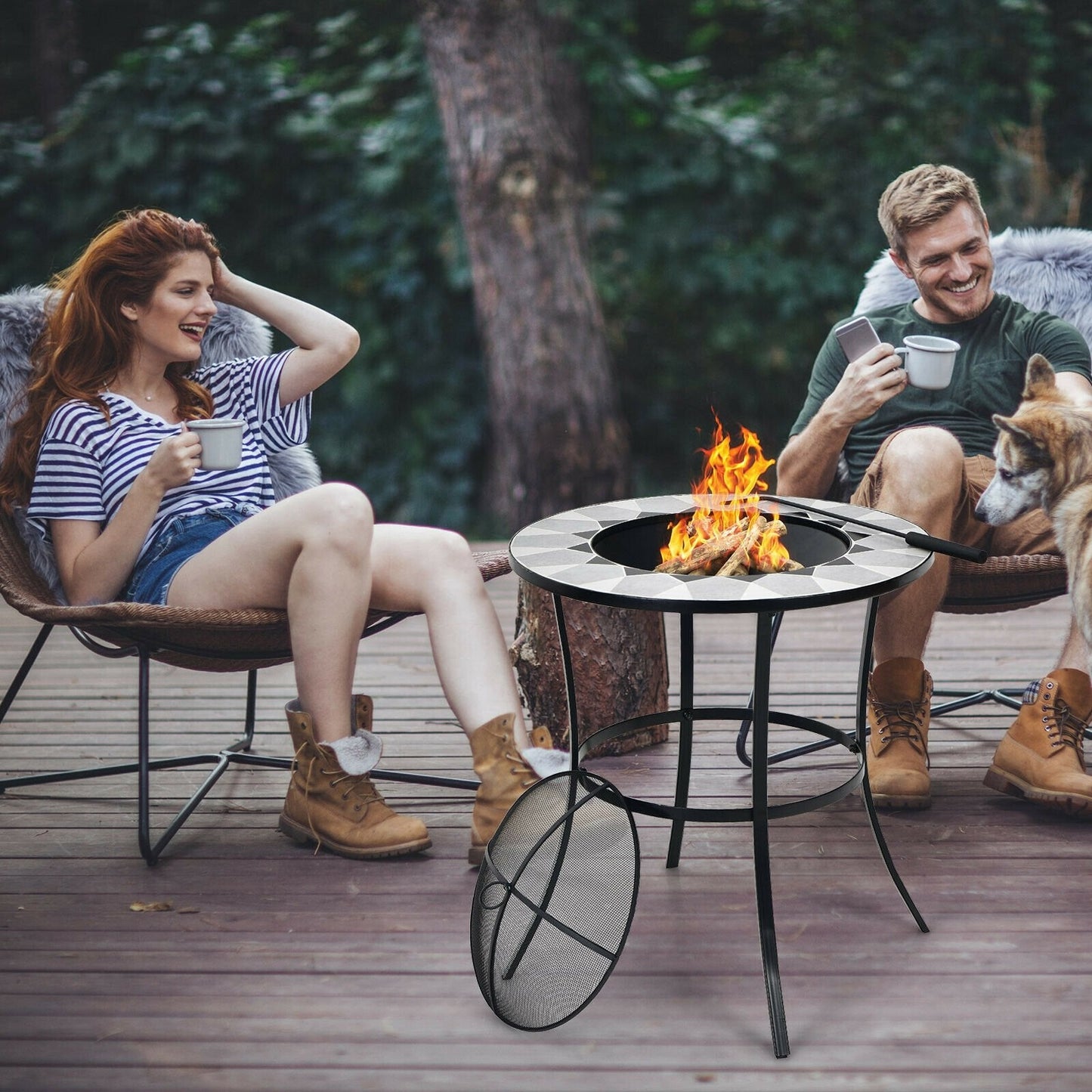 23.5 Inches Round Fire Pit Table with Mesh Cover and Fire Poker, Black Fire Pit Tables   at Gallery Canada