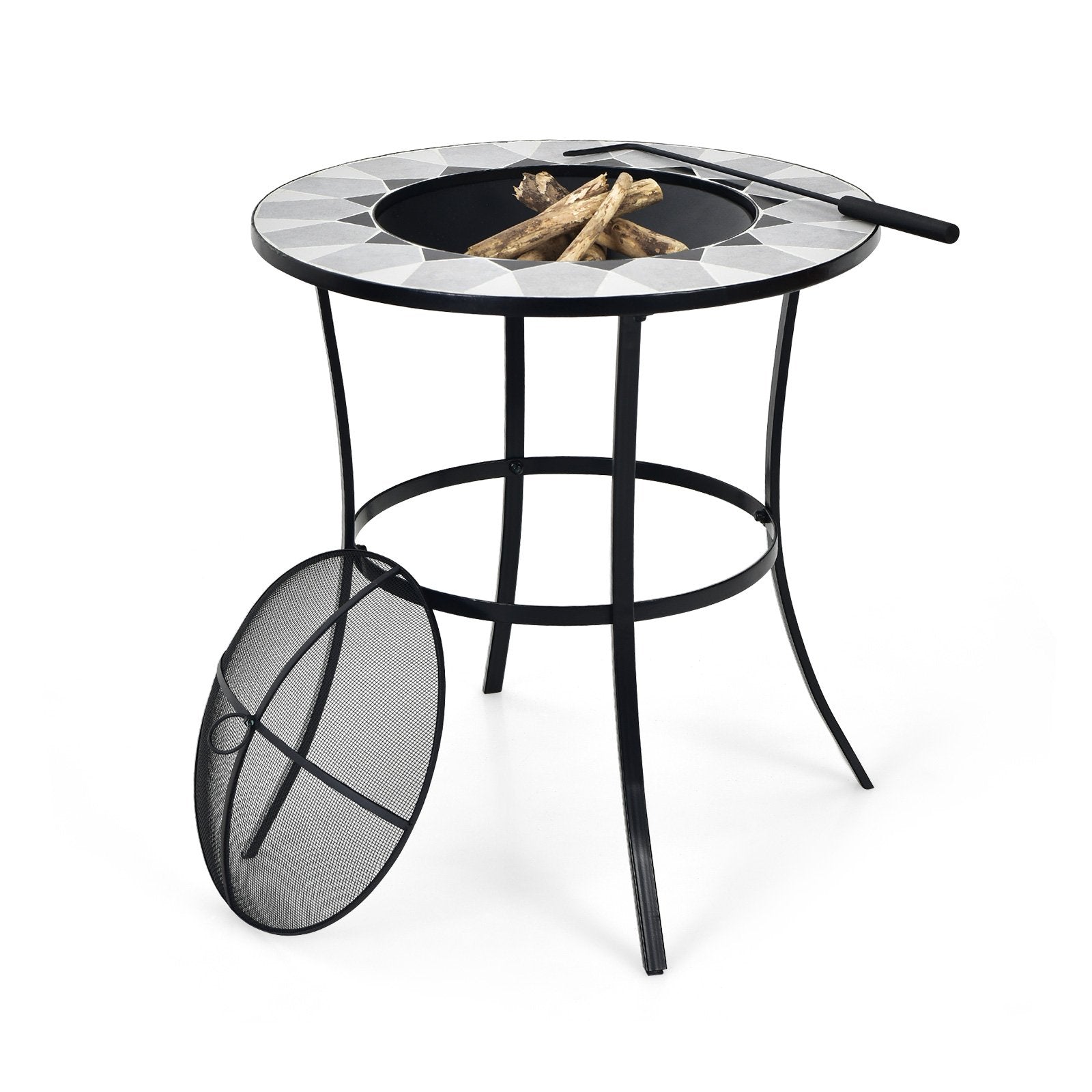 23.5 Inches Round Fire Pit Table with Mesh Cover and Fire Poker, Black Fire Pit Tables   at Gallery Canada