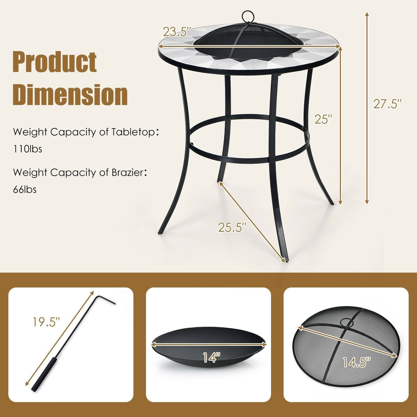 23.5 Inches Round Fire Pit Table with Mesh Cover and Fire Poker, Black Fire Pit Tables   at Gallery Canada