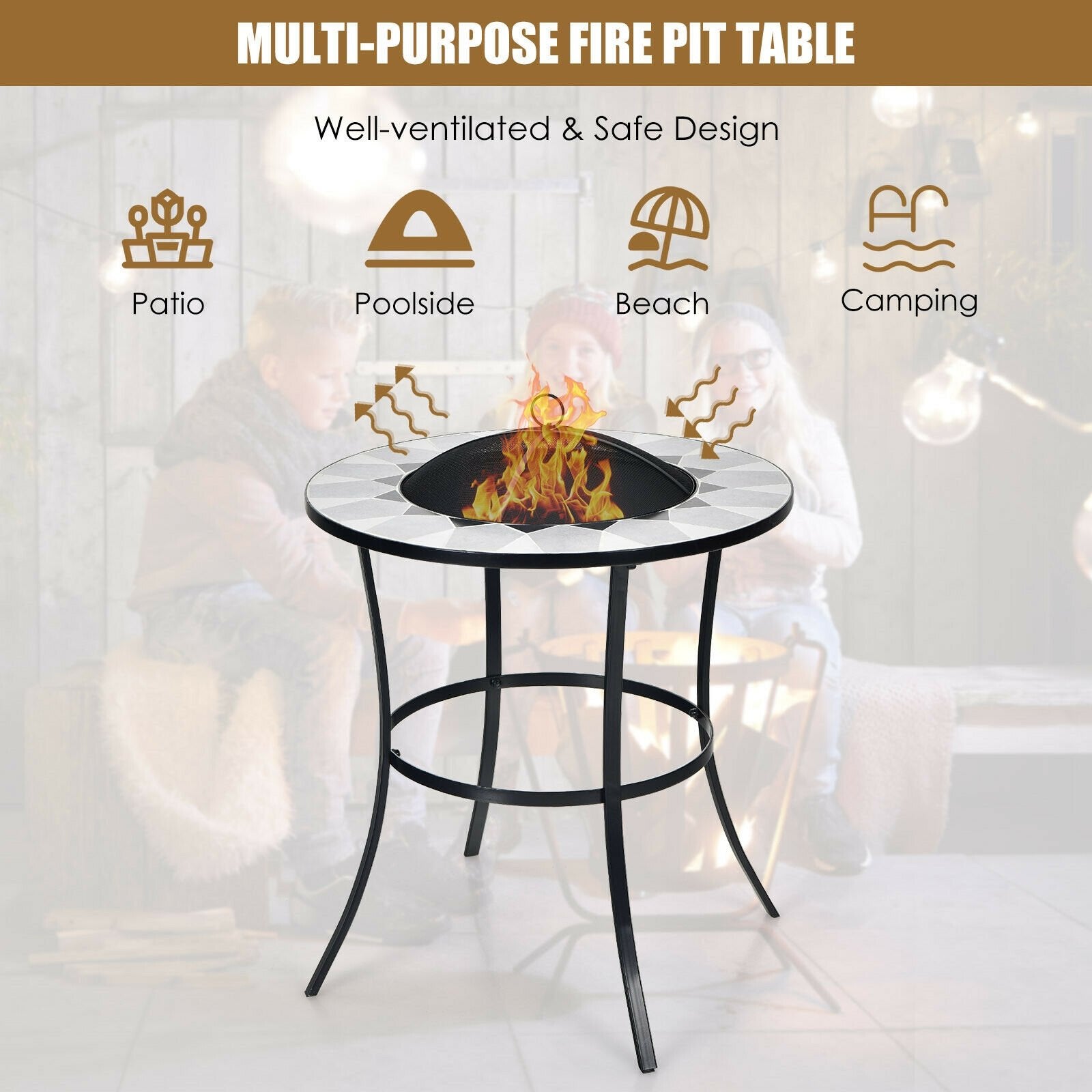 23.5 Inches Round Fire Pit Table with Mesh Cover and Fire Poker, Black Fire Pit Tables   at Gallery Canada