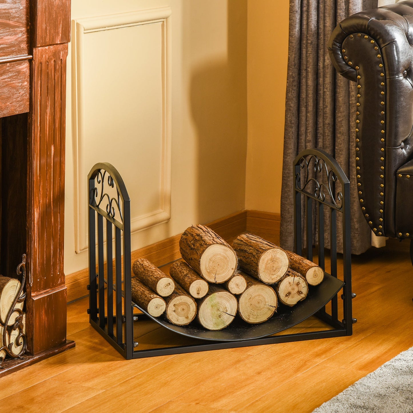 23.8" Firewood Log Rack, Curved Fireplace Log Holder, Wood Storage Rack with Side Scrolls, for Outdoor and Indoor Use, Black Firewood Racks   at Gallery Canada