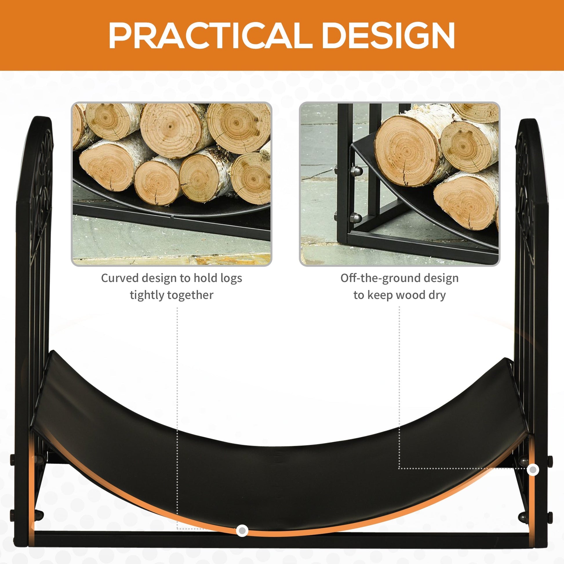 23.8" Firewood Log Rack, Curved Fireplace Log Holder, Wood Storage Rack with Side Scrolls, for Outdoor and Indoor Use, Black Firewood Racks   at Gallery Canada