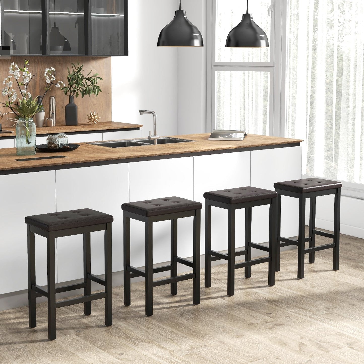 24" Bar Stools with Padded Seat Footrest and Rubber Wood Frame, Brown Bar Stools   at Gallery Canada