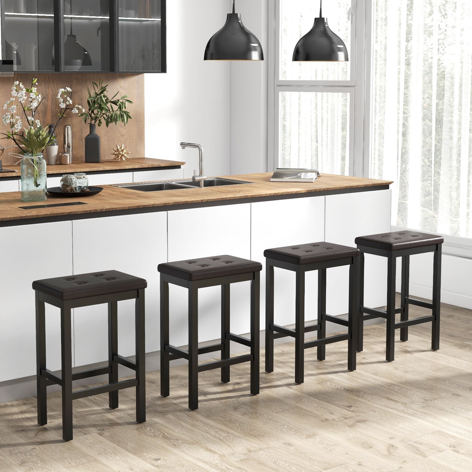 24" Bar Stools with Padded Seat Footrest and Rubber Wood Frame, Brown Bar Stools   at Gallery Canada