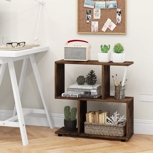 24 Inch 3-Tier Geometric Bookshelf with Thick Foot Pads, Brown