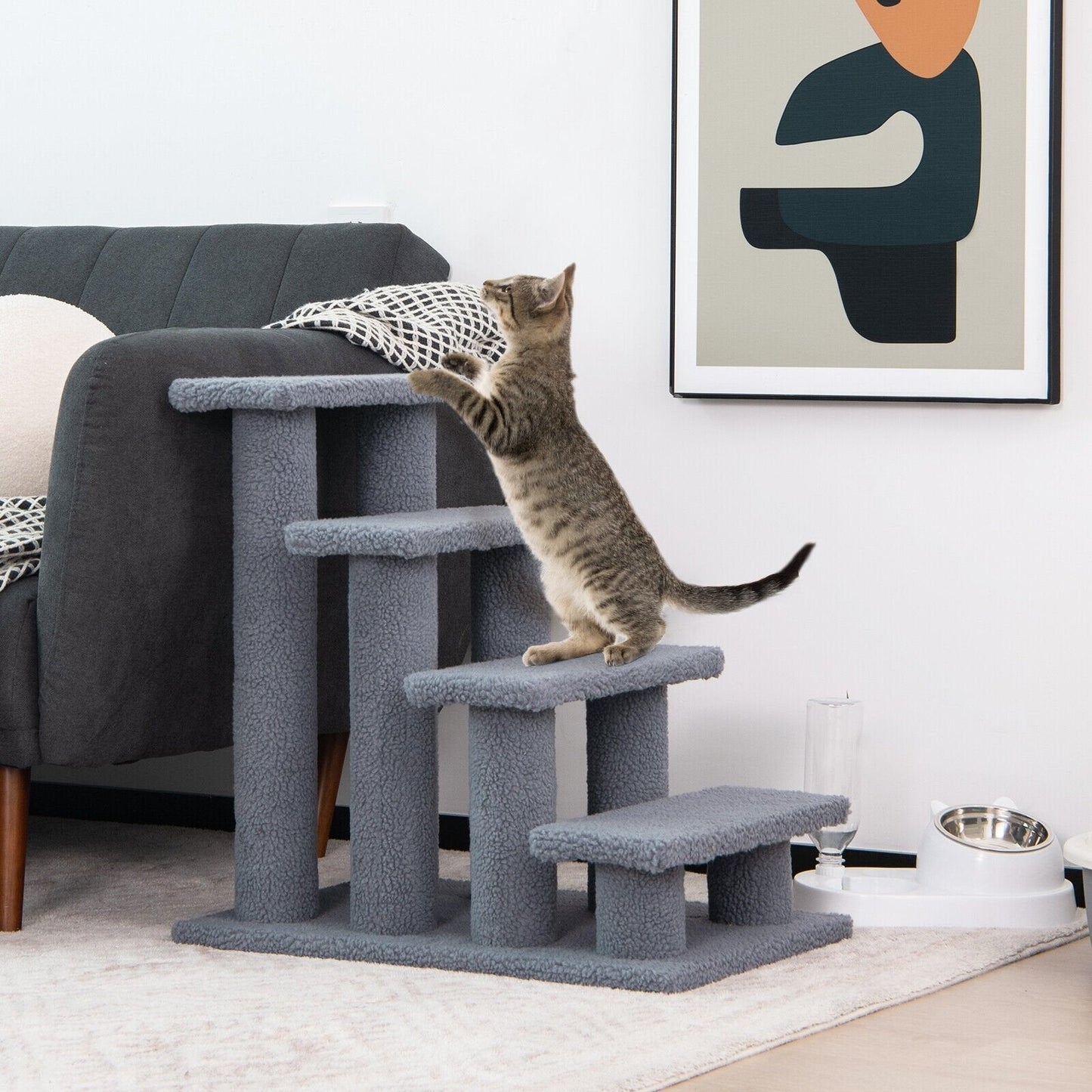 24 Inch 4-Step Pet Stairs Carpeted Ladder Ramp Scratching Post Cat Tree Climber, Gray Cat Trees Condos & Scratchers   at Gallery Canada