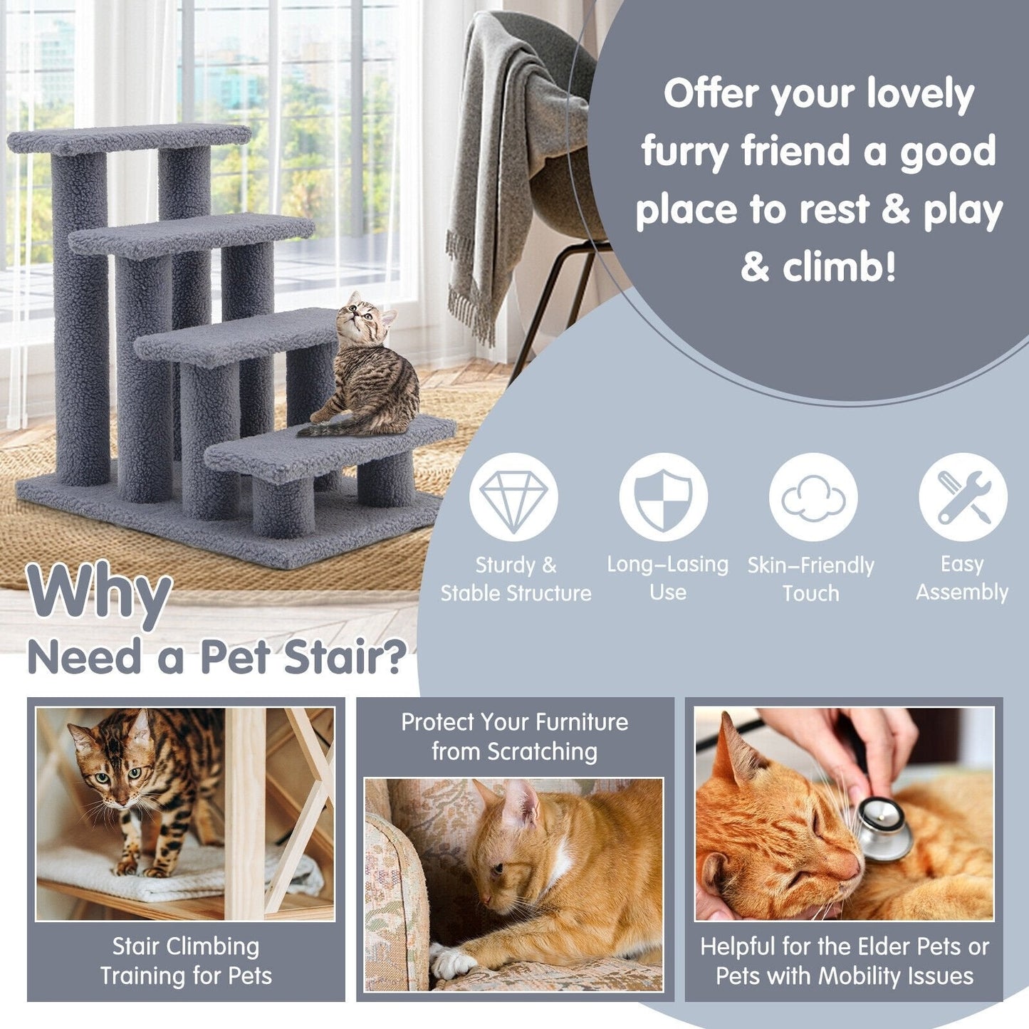 24 Inch 4-Step Pet Stairs Carpeted Ladder Ramp Scratching Post Cat Tree Climber, Gray Cat Trees Condos & Scratchers   at Gallery Canada