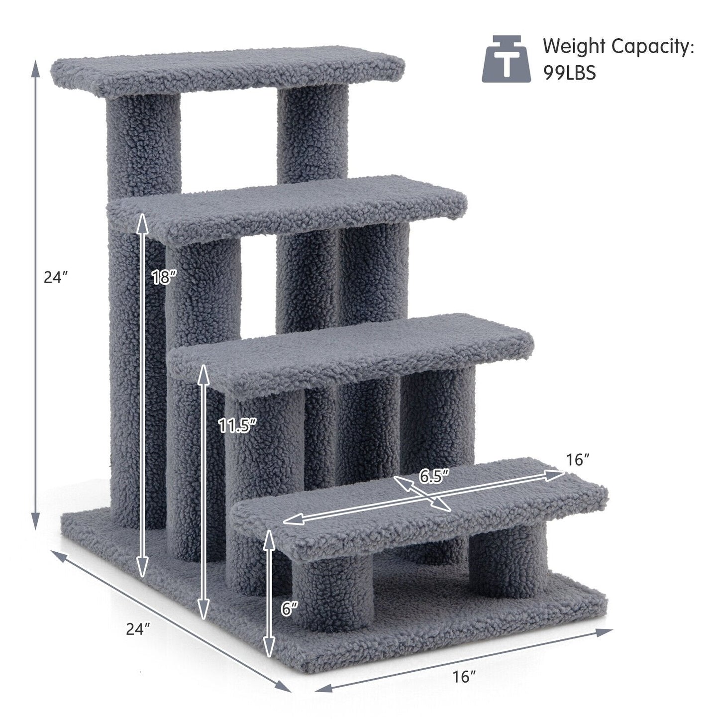 24 Inch 4-Step Pet Stairs Carpeted Ladder Ramp Scratching Post Cat Tree Climber, Gray Cat Trees Condos & Scratchers   at Gallery Canada