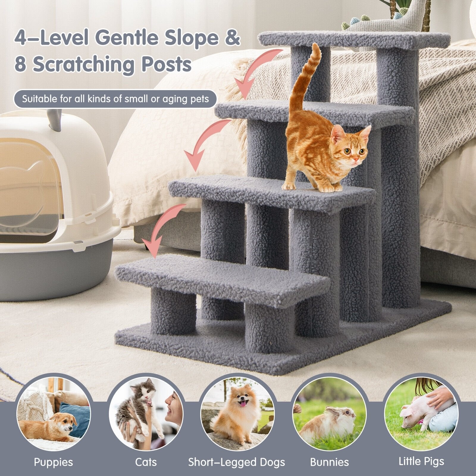 24 Inch 4-Step Pet Stairs Carpeted Ladder Ramp Scratching Post Cat Tree Climber, Gray Cat Trees Condos & Scratchers   at Gallery Canada