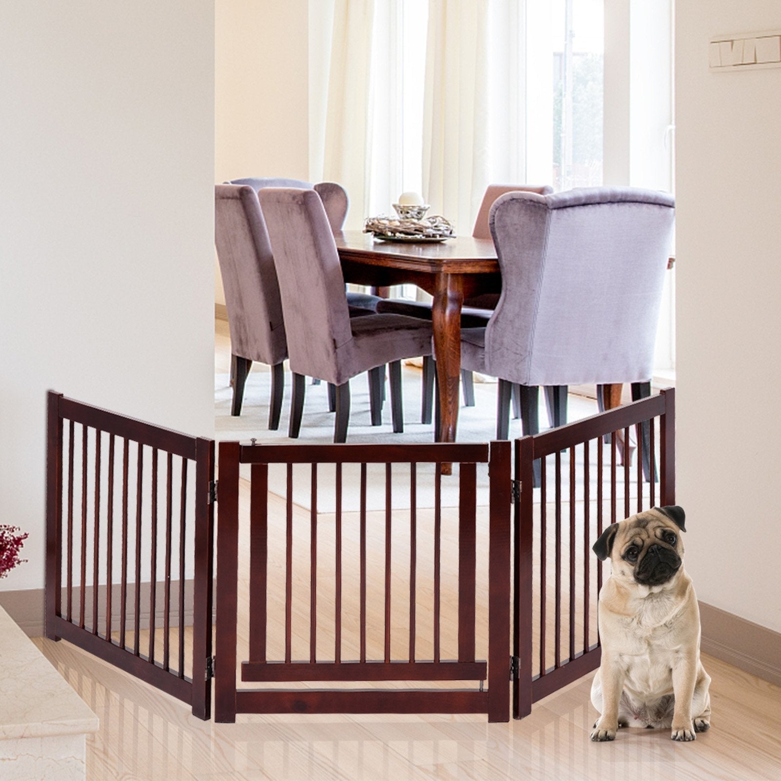 24 Inch Configurable Folding 3 Panel Wood Dog Fence, Brown Pet Gate   at Gallery Canada