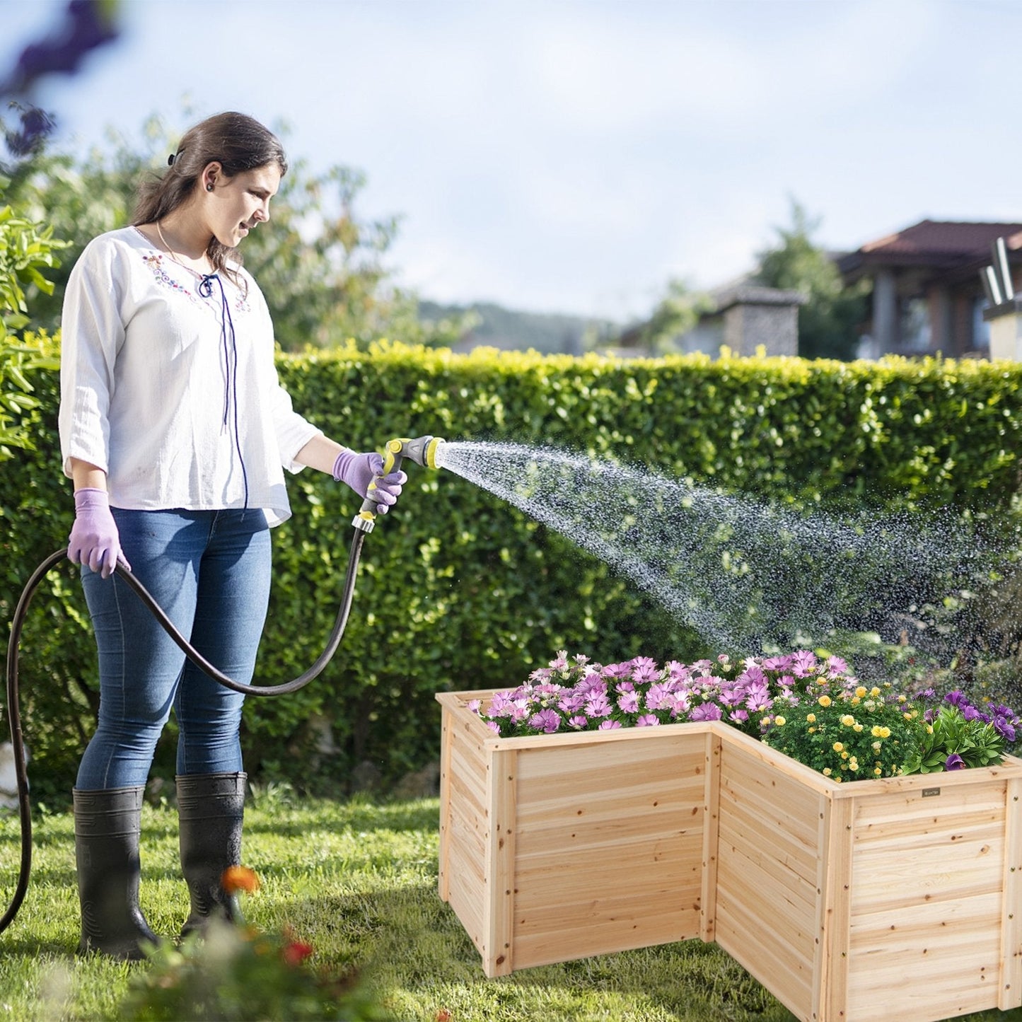 24 Inch L-Shaped Wooden Raised Garden Bed with Open-Ended Base, Natural Raised Garden Beds   at Gallery Canada