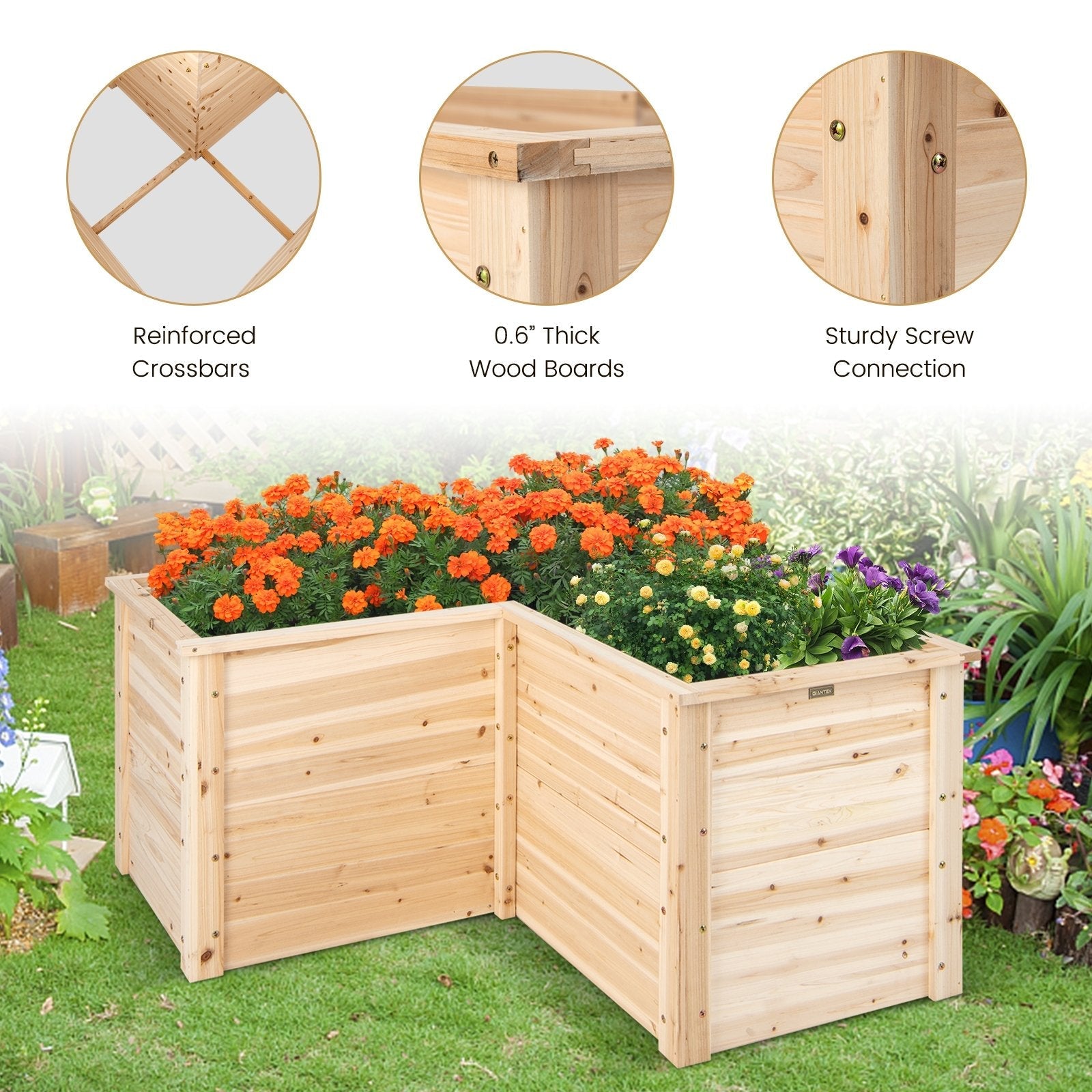 24 Inch L-Shaped Wooden Raised Garden Bed with Open-Ended Base, Natural Raised Garden Beds   at Gallery Canada