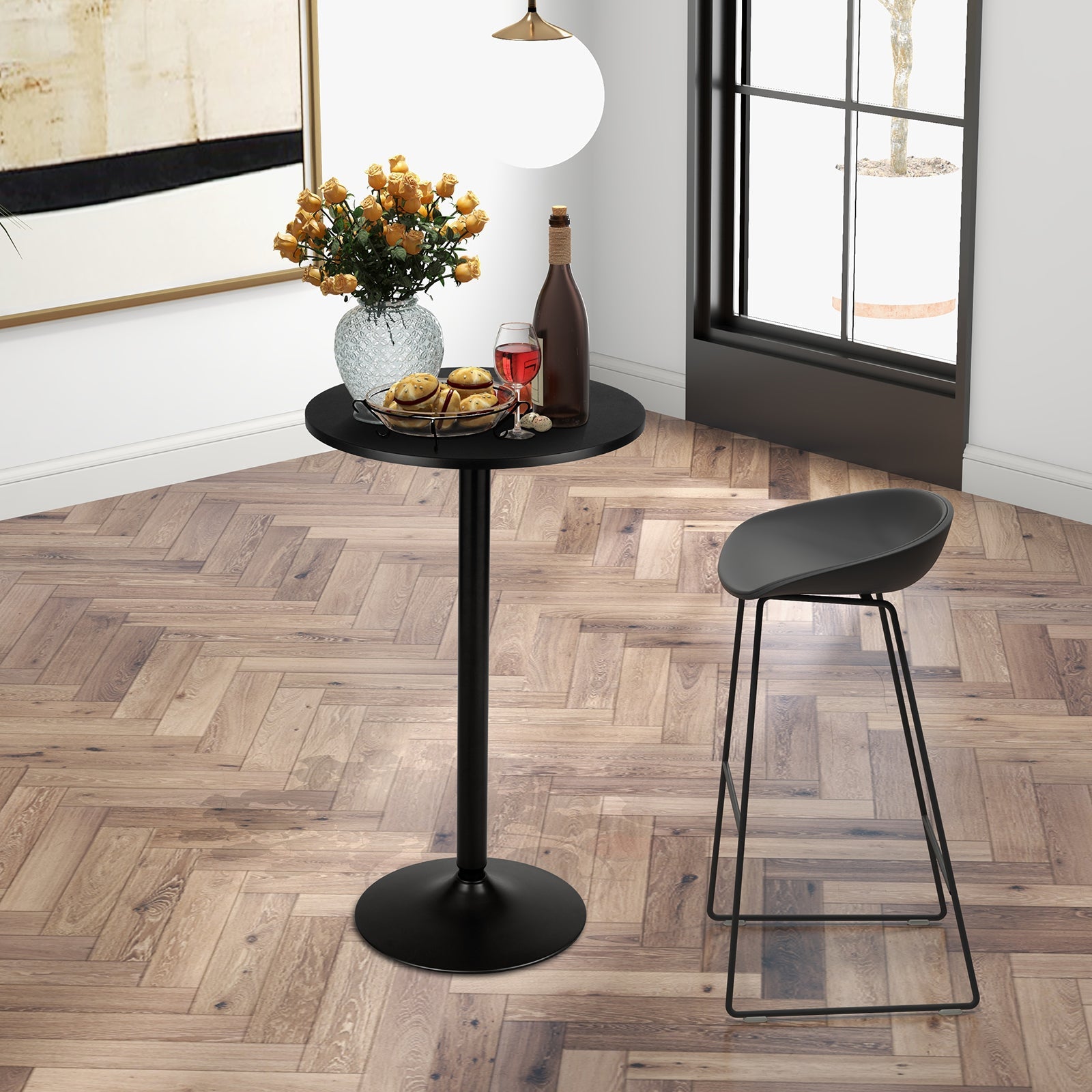 24 Inch Modern Style Round Cocktail Table with Metal Base and MDF Top, Black Bar Tables   at Gallery Canada