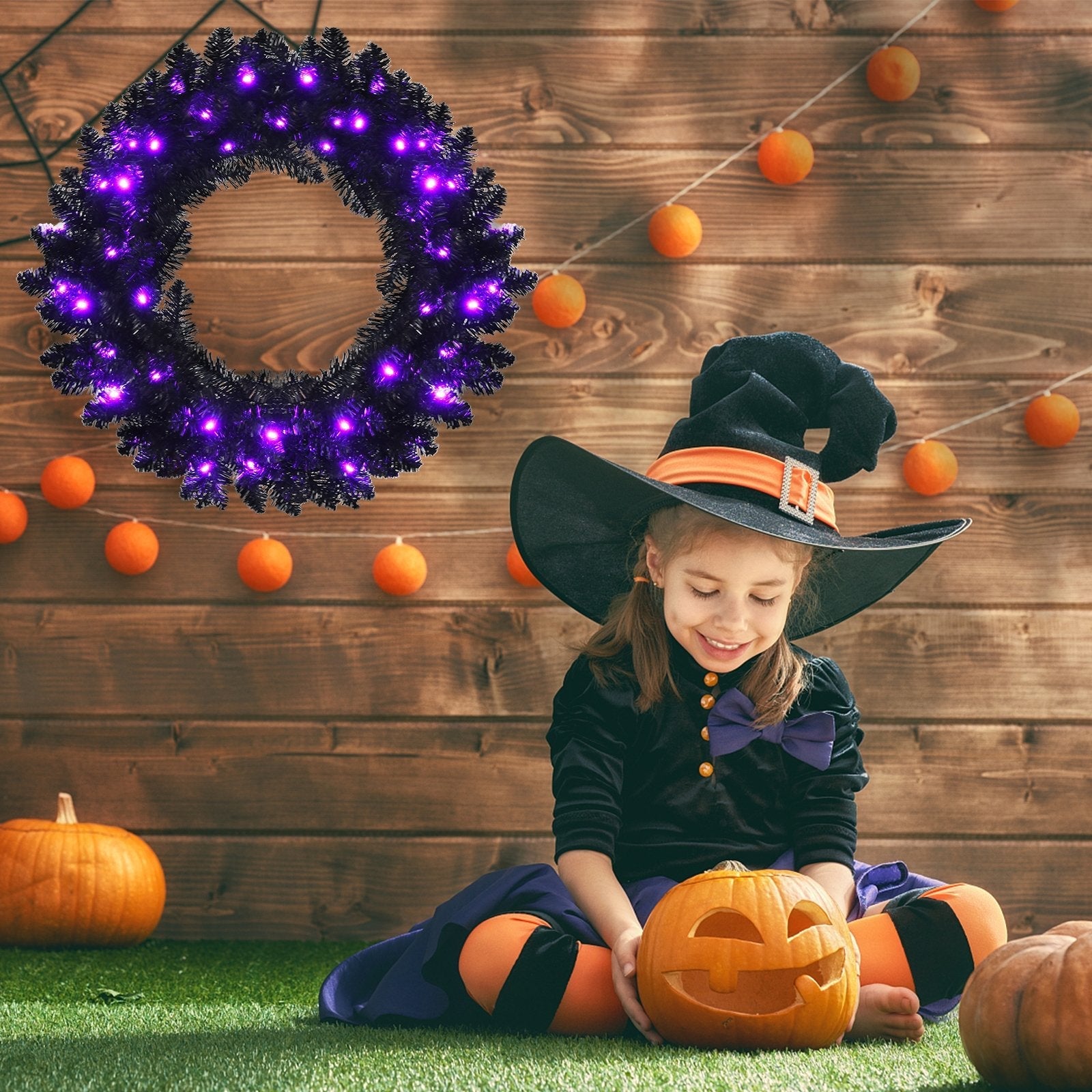 24 Inch Pre-lit Halloween Wreath with 35 Purple LED Lights, Black Halloween   at Gallery Canada