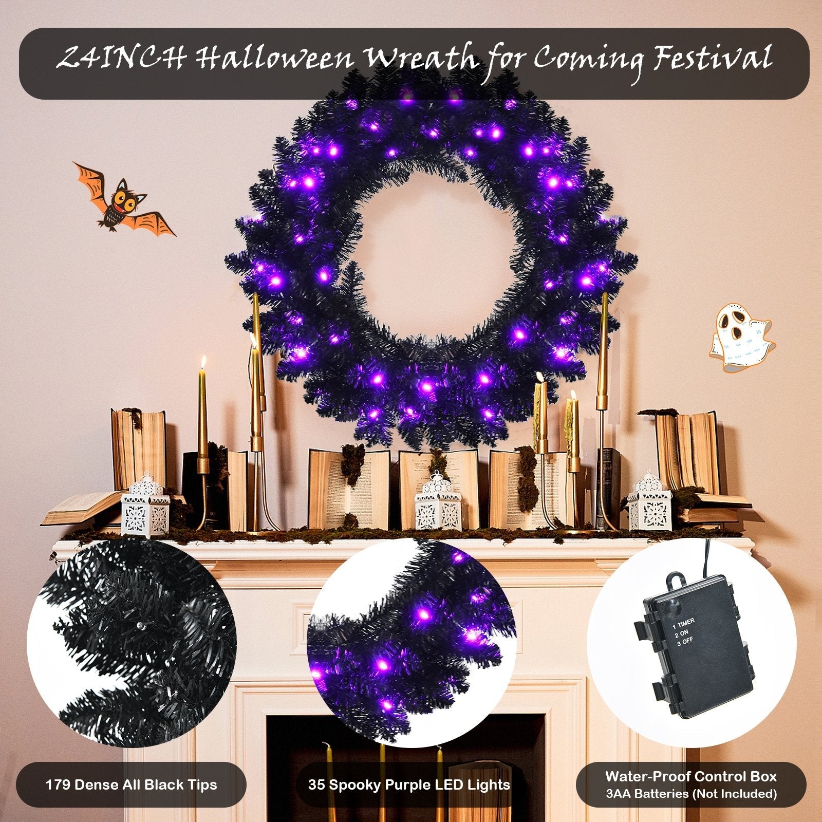 24 Inch Pre-lit Halloween Wreath with 35 Purple LED Lights, Black Halloween   at Gallery Canada