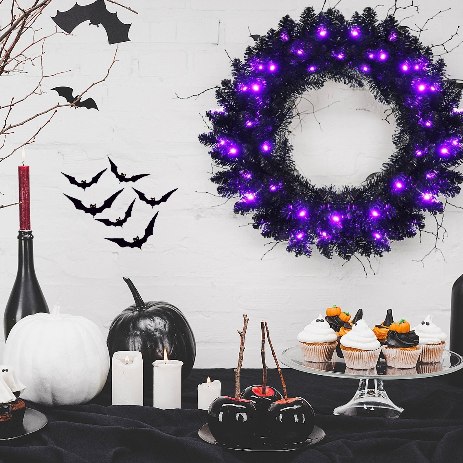 24 Inch Pre-lit Halloween Wreath with 35 Purple LED Lights, Black Halloween   at Gallery Canada