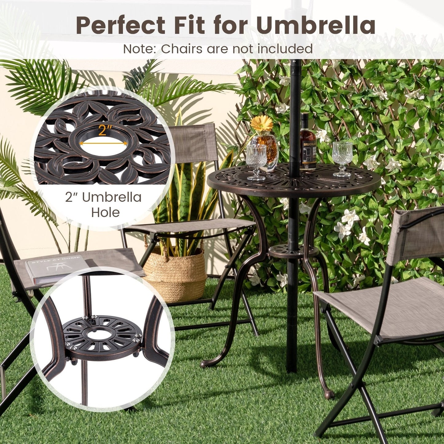 24 Inch Round Cast Aluminum Table Patio Dining Bistro Table with 2 Inch Umbrella Hole, Copper Patio Dining Tables   at Gallery Canada