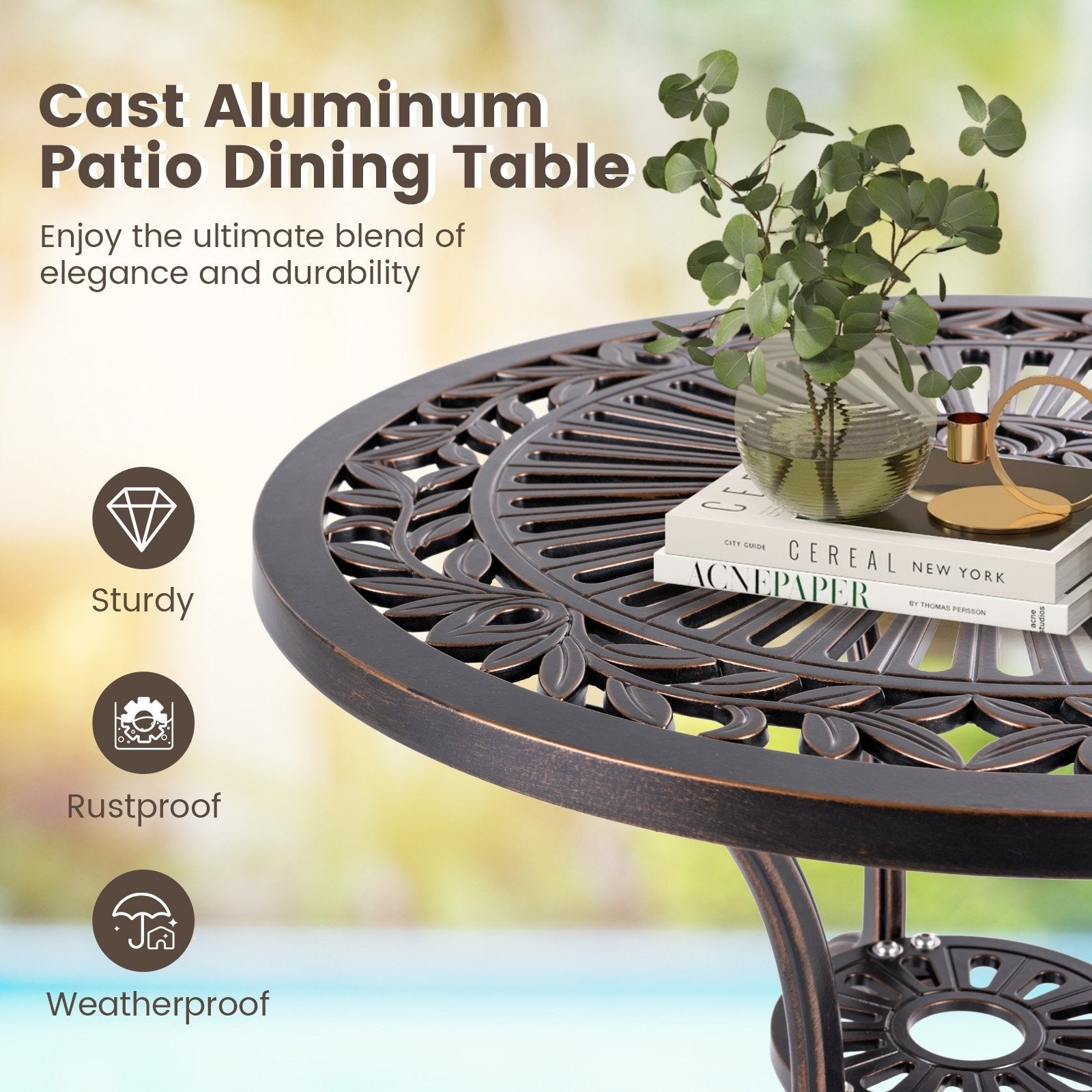 24 Inch Round Cast Aluminum Table Patio Dining Bistro Table with 2 Inch Umbrella Hole, Copper Patio Dining Tables   at Gallery Canada