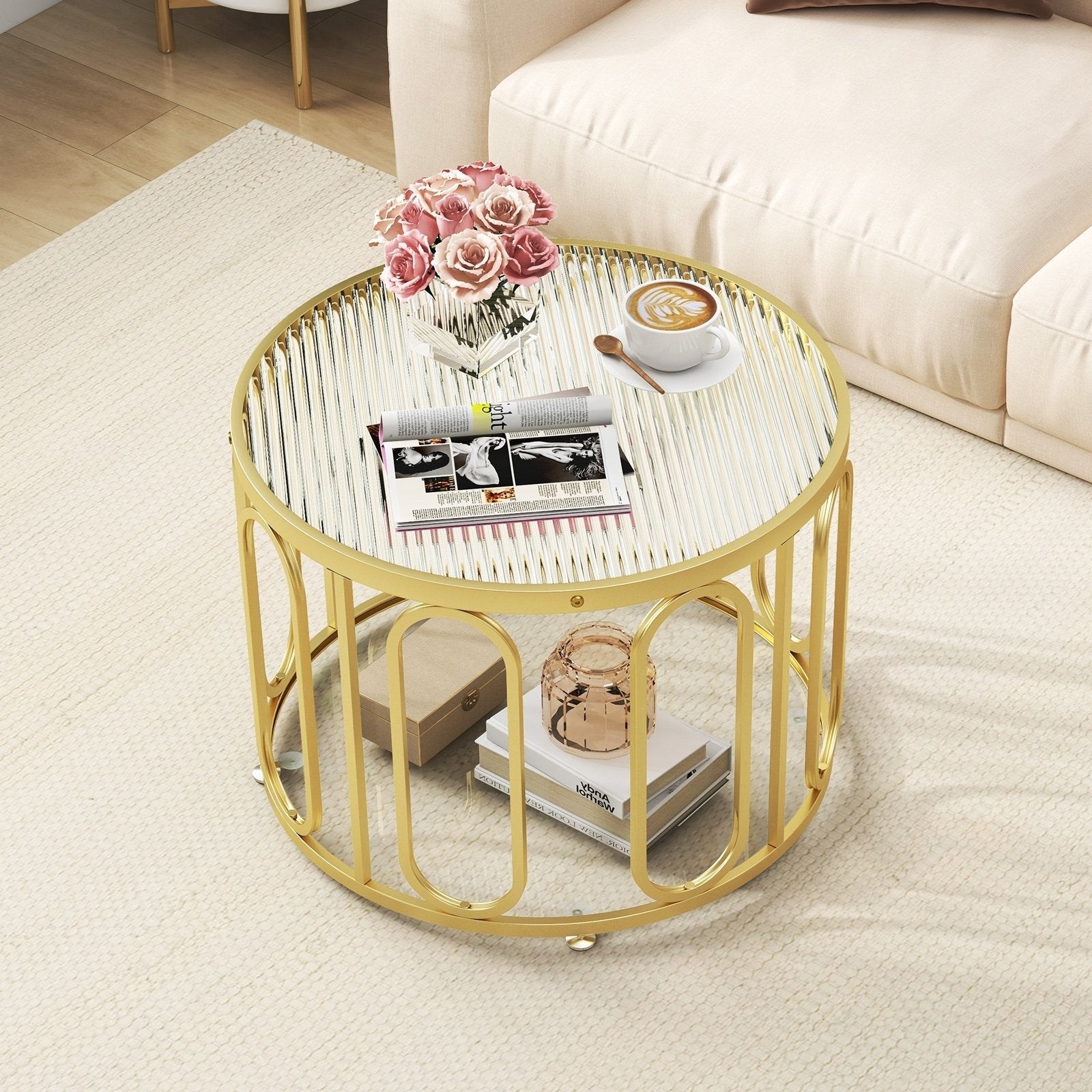 24 Inch Round Coffee Table with Needed Tempered Glass Top and Oval Swivel Brackets, Golden Coffee Tables   at Gallery Canada