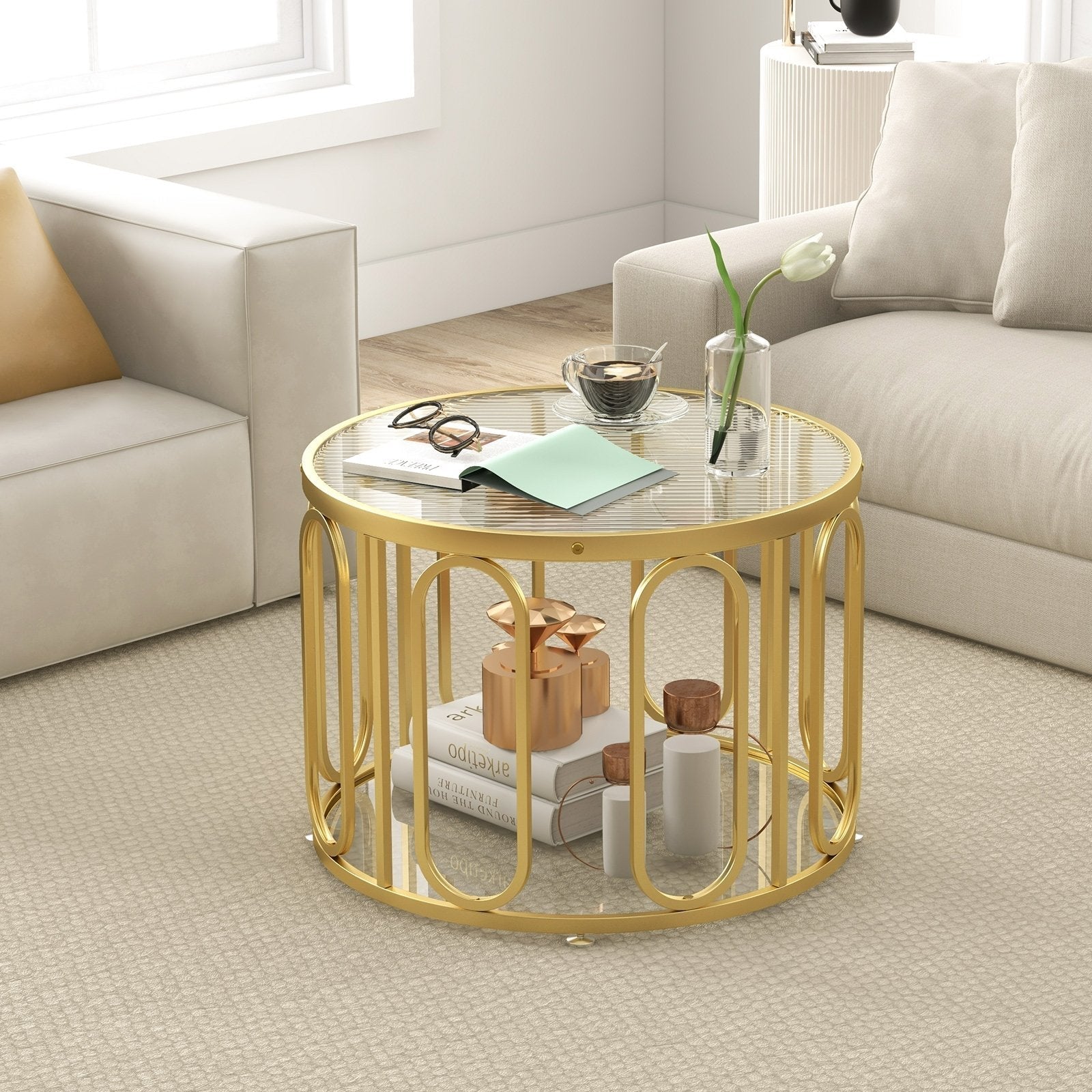 24 Inch Round Coffee Table with Needed Tempered Glass Top and Oval Swivel Brackets, Golden Coffee Tables   at Gallery Canada