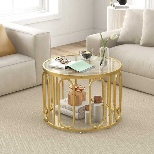 24 Inch Round Coffee Table with Needed Tempered Glass Top and Oval Swivel Brackets, Golden Coffee Tables Golden  at Gallery Canada