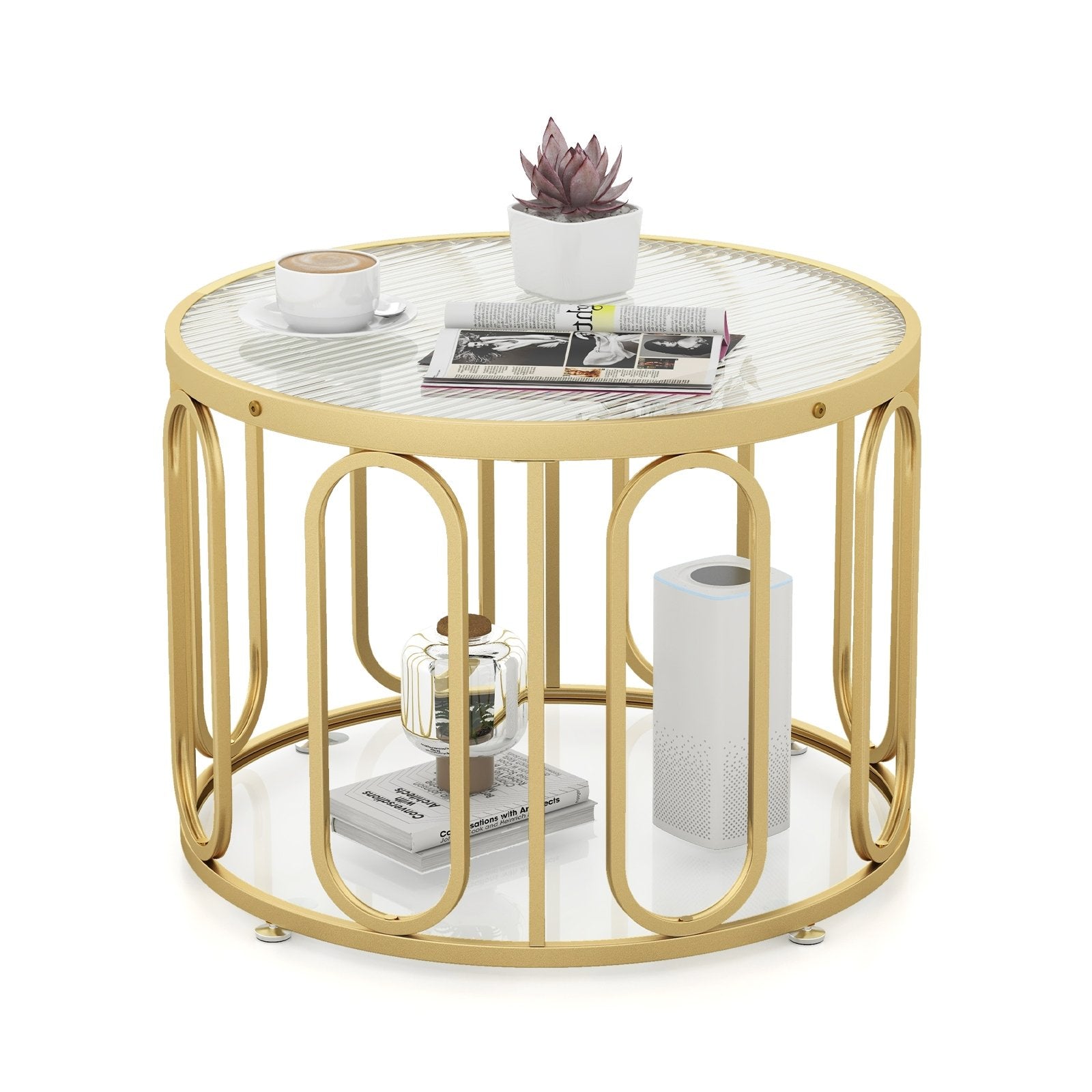 24 Inch Round Coffee Table with Needed Tempered Glass Top and Oval Swivel Brackets, Golden Coffee Tables Golden  at Gallery Canada