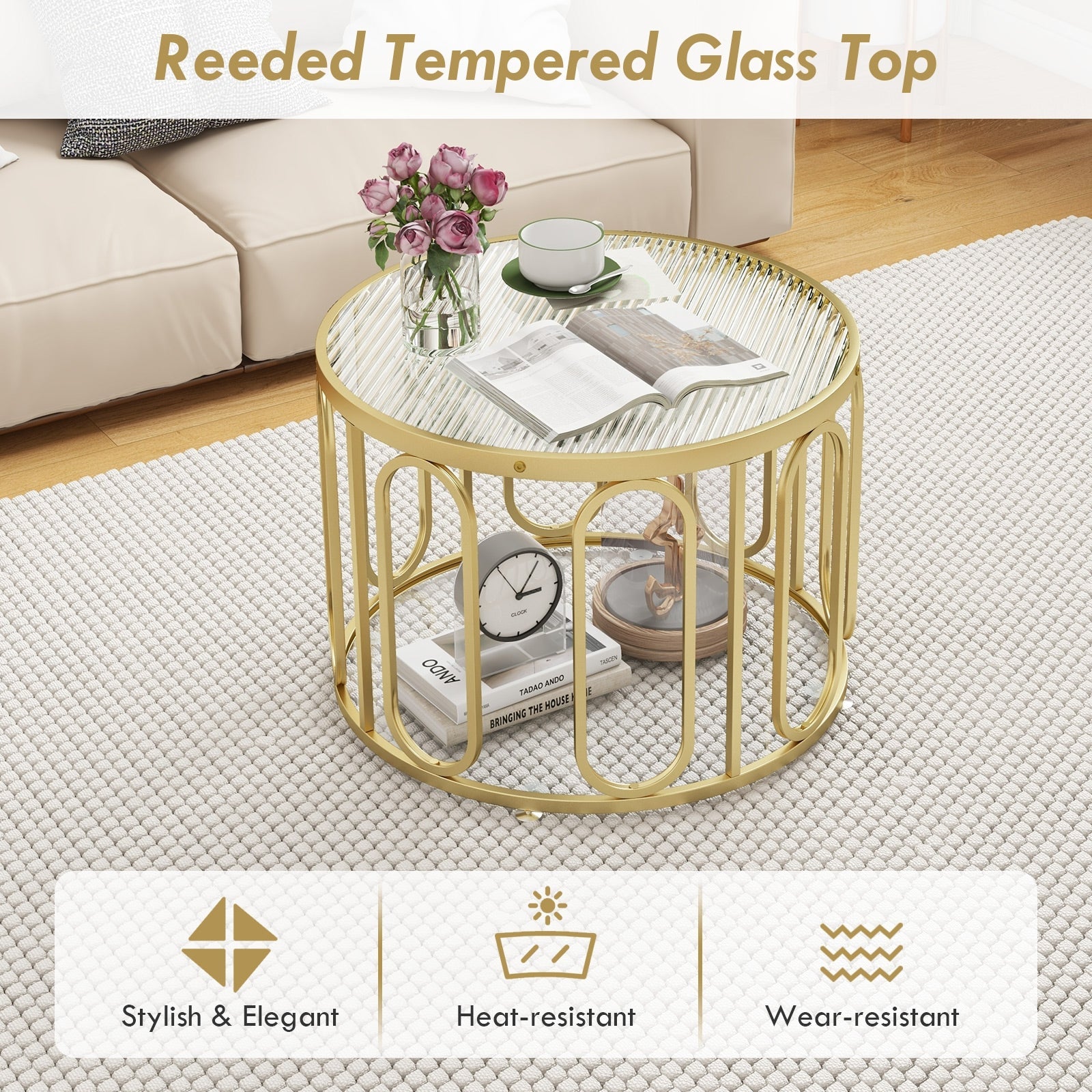 24 Inch Round Coffee Table with Needed Tempered Glass Top and Oval Swivel Brackets, Golden Coffee Tables   at Gallery Canada