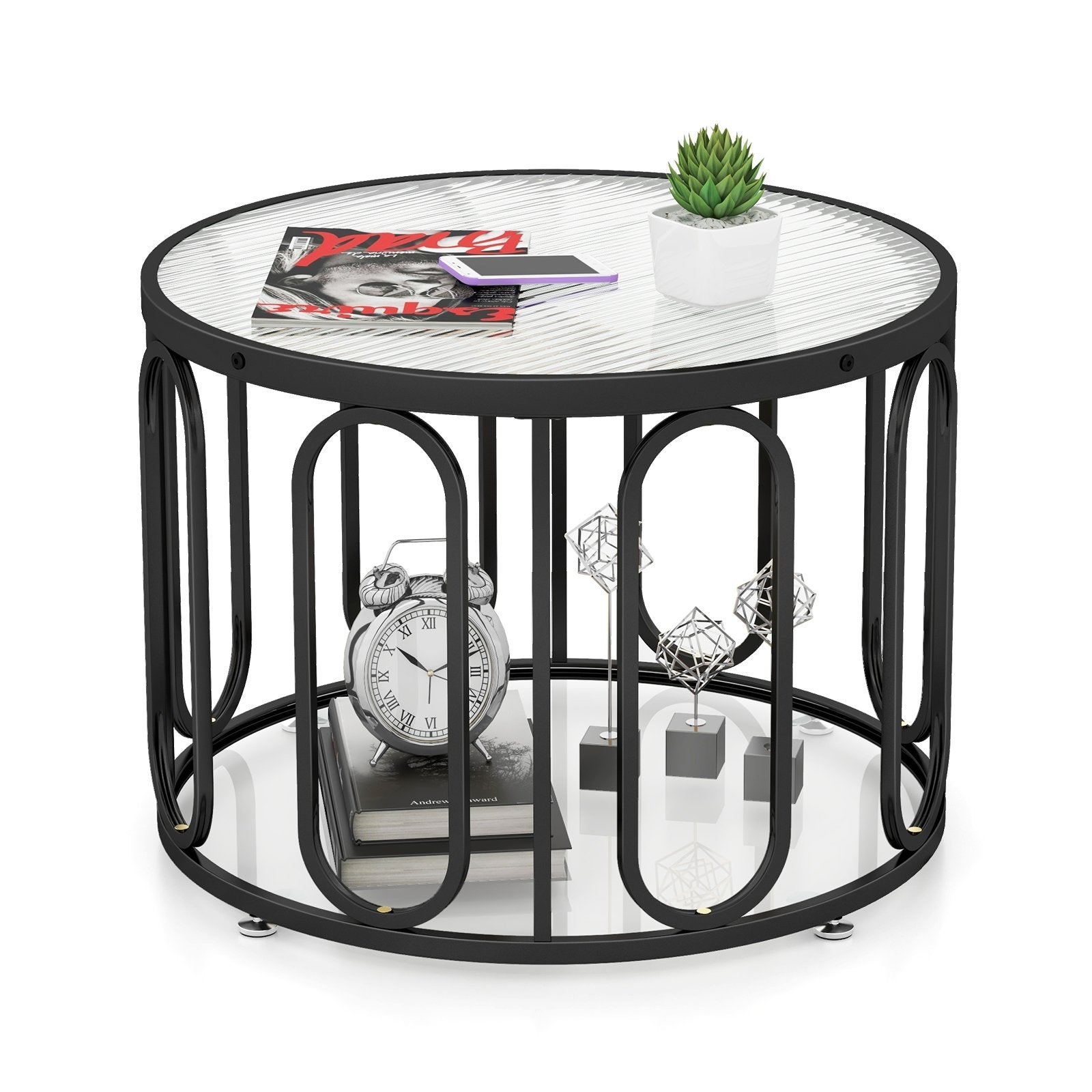 24 Inch Round Coffee Table with Seeded Tempered Glass Top and Oval Swivel Brackets, Black Coffee Tables Black  at Gallery Canada