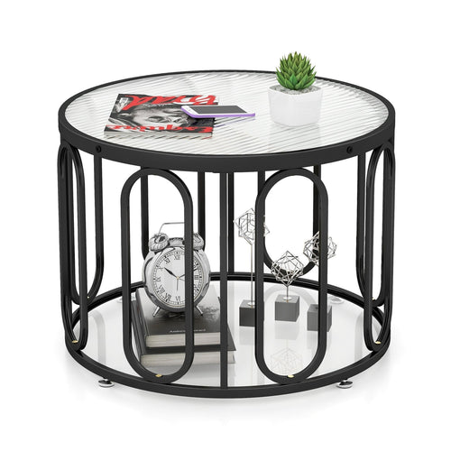 24 Inch Round Coffee Table with Seeded Tempered Glass Top and Oval Swivel Brackets, Black