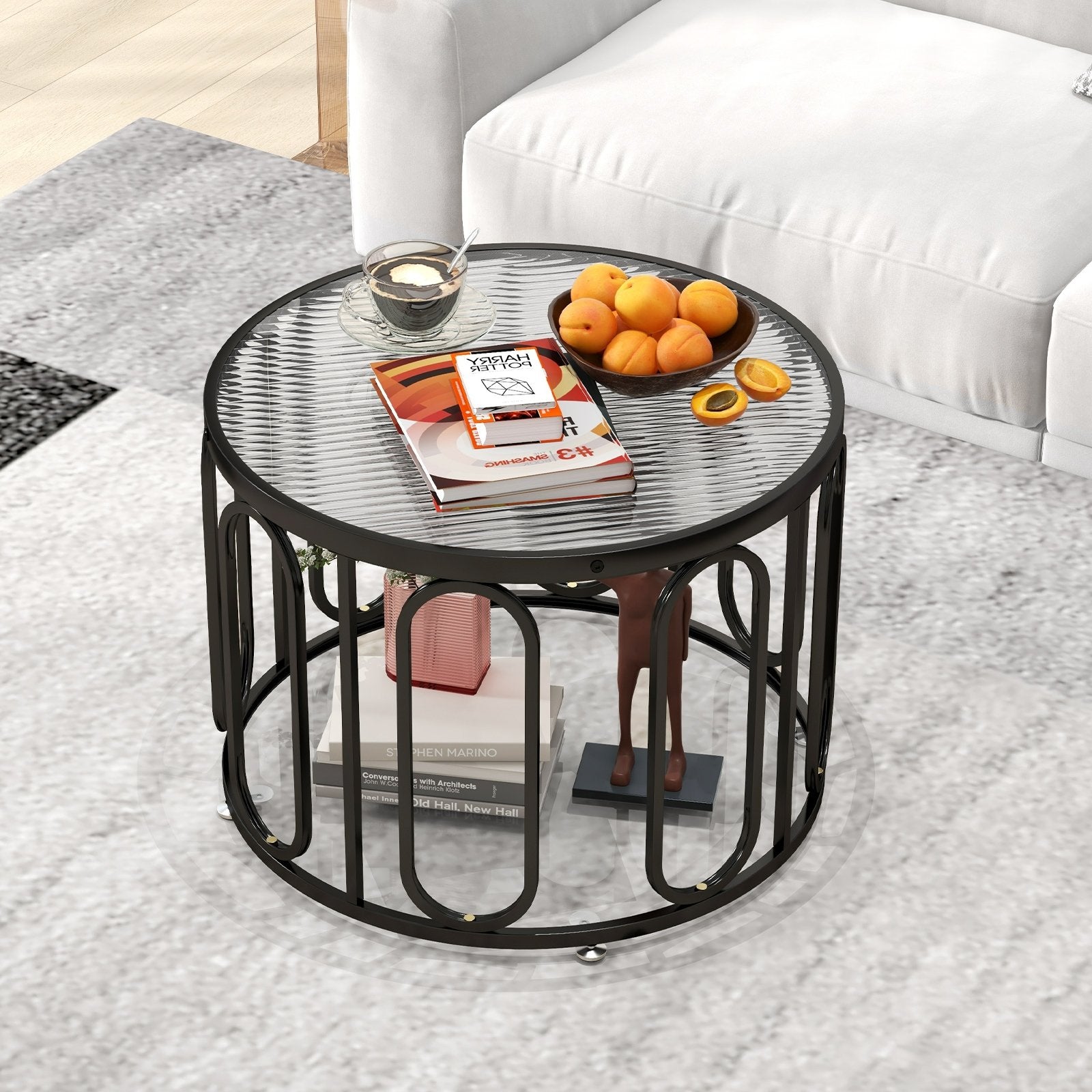 24 Inch Round Coffee Table with Seeded Tempered Glass Top and Oval Swivel Brackets, Black Coffee Tables   at Gallery Canada