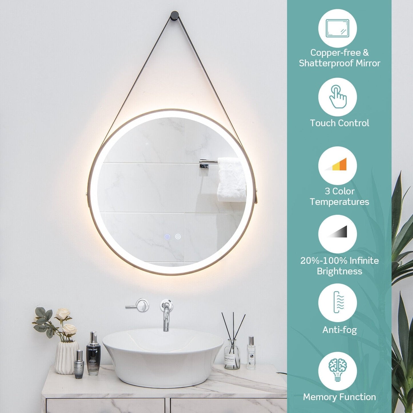 24 Inch Round Wall-mounted Mirror with 3 Color LED Lights and Anti-Fog Function, Transparent Wall Mirrors   at Gallery Canada