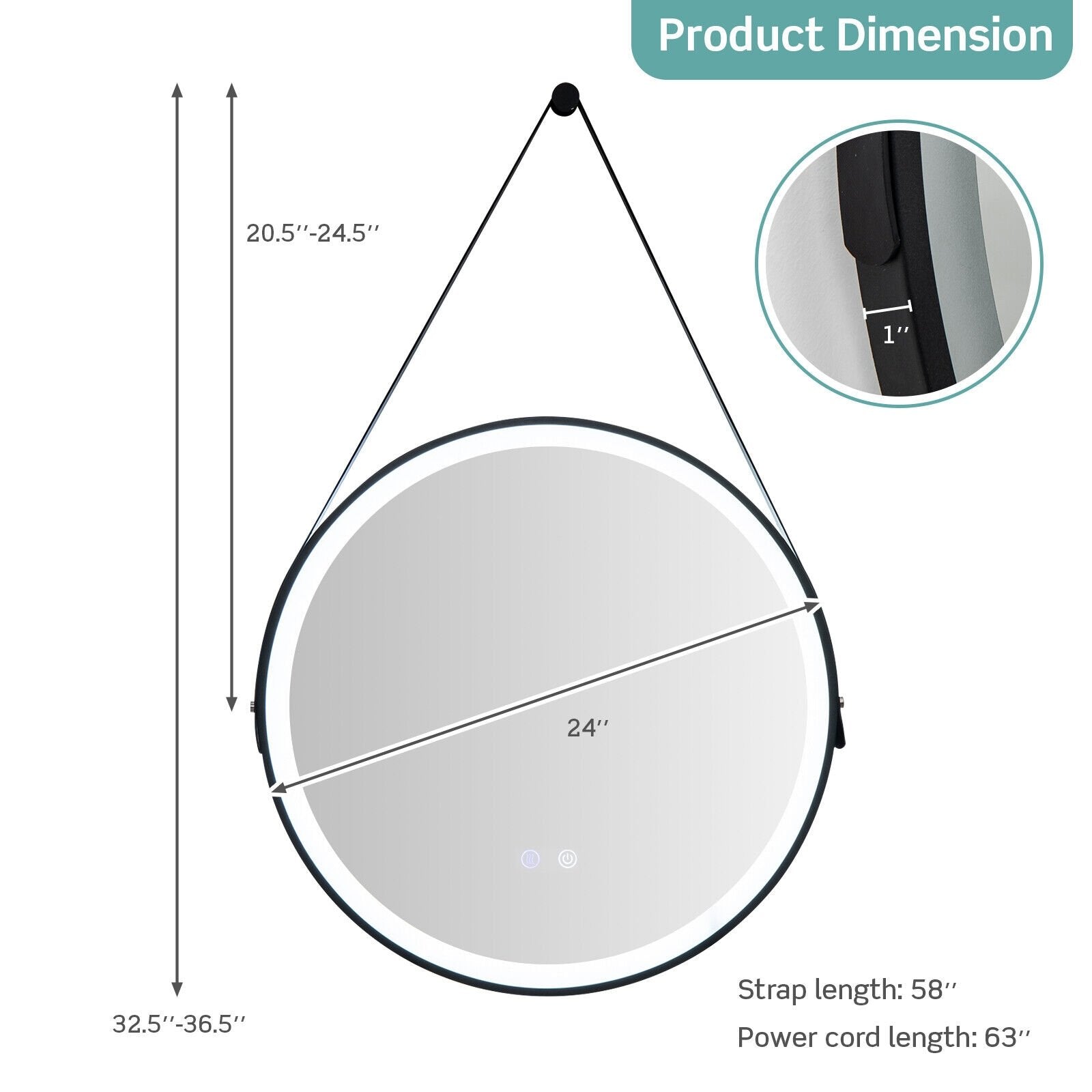 24 Inch Round Wall-mounted Mirror with 3 Color LED Lights and Anti-Fog Function, Transparent Wall Mirrors   at Gallery Canada