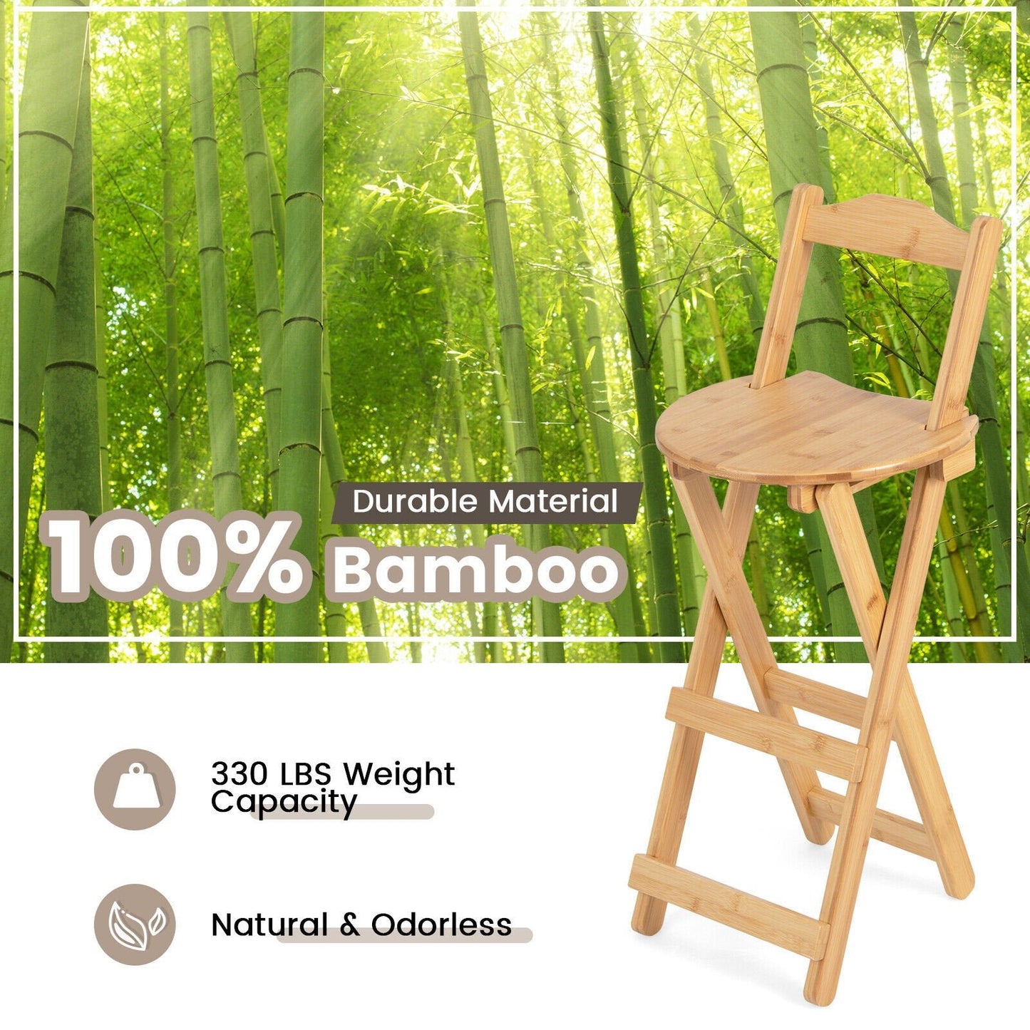 24 Inch Set of 2 Bamboo Folding Barstools with Footrests and Handles, Natural Bar Stools   at Gallery Canada