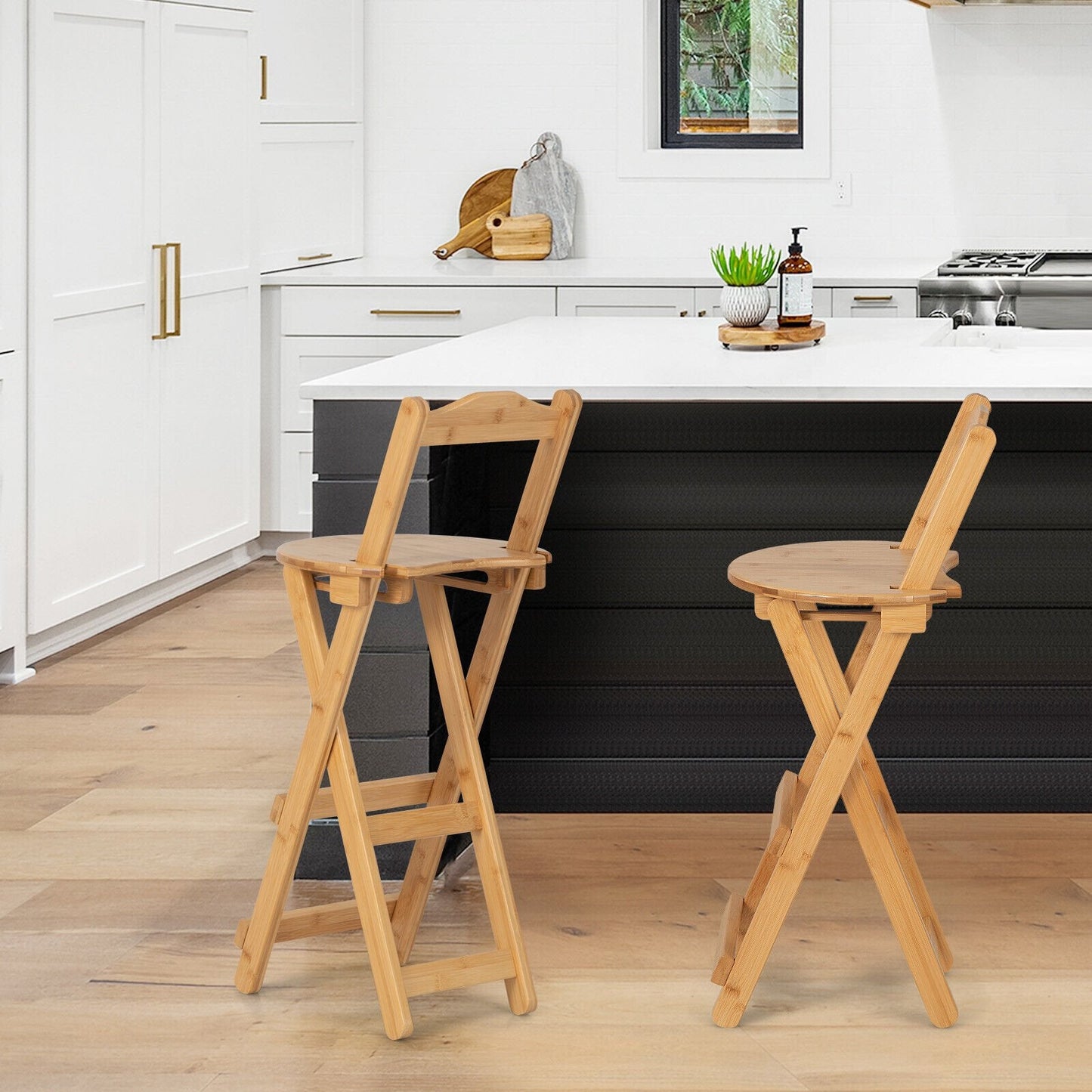 24 Inch Set of 2 Bamboo Folding Barstools with Footrests and Handles, Natural Bar Stools   at Gallery Canada