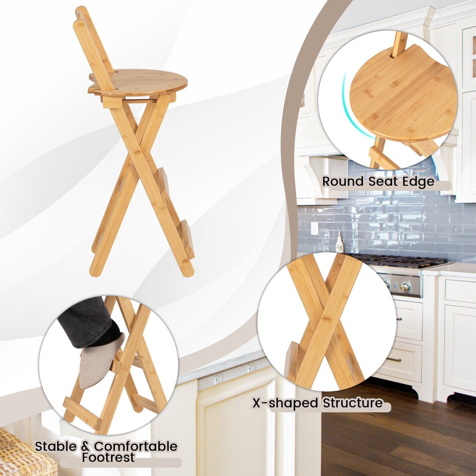 24 Inch Set of 2 Bamboo Folding Barstools with Footrests and Handles, Natural Bar Stools   at Gallery Canada