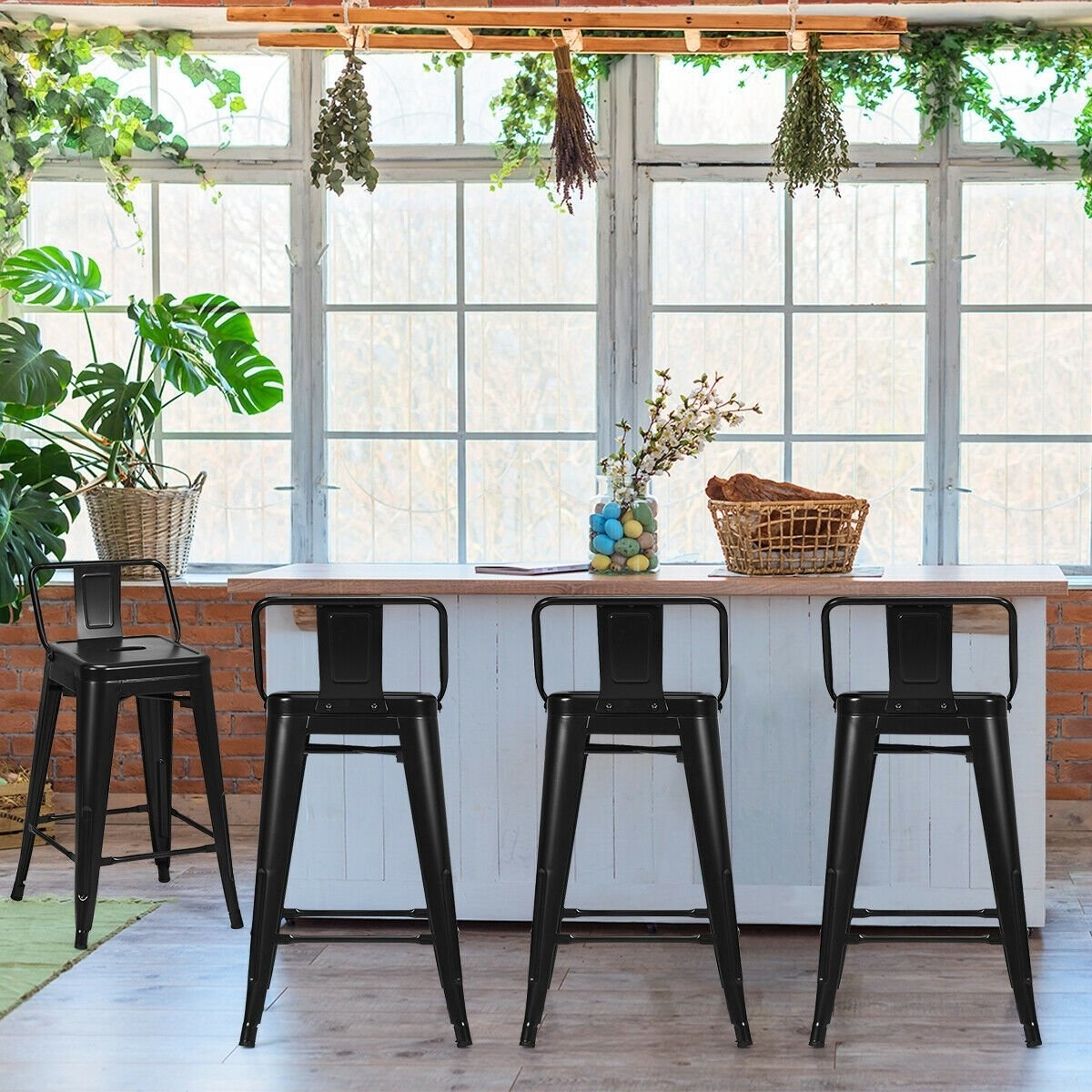 24 Inch Set of 4 Cafe Side Chairs with Rubber Feet and Removable Back, Black Bar Stools   at Gallery Canada